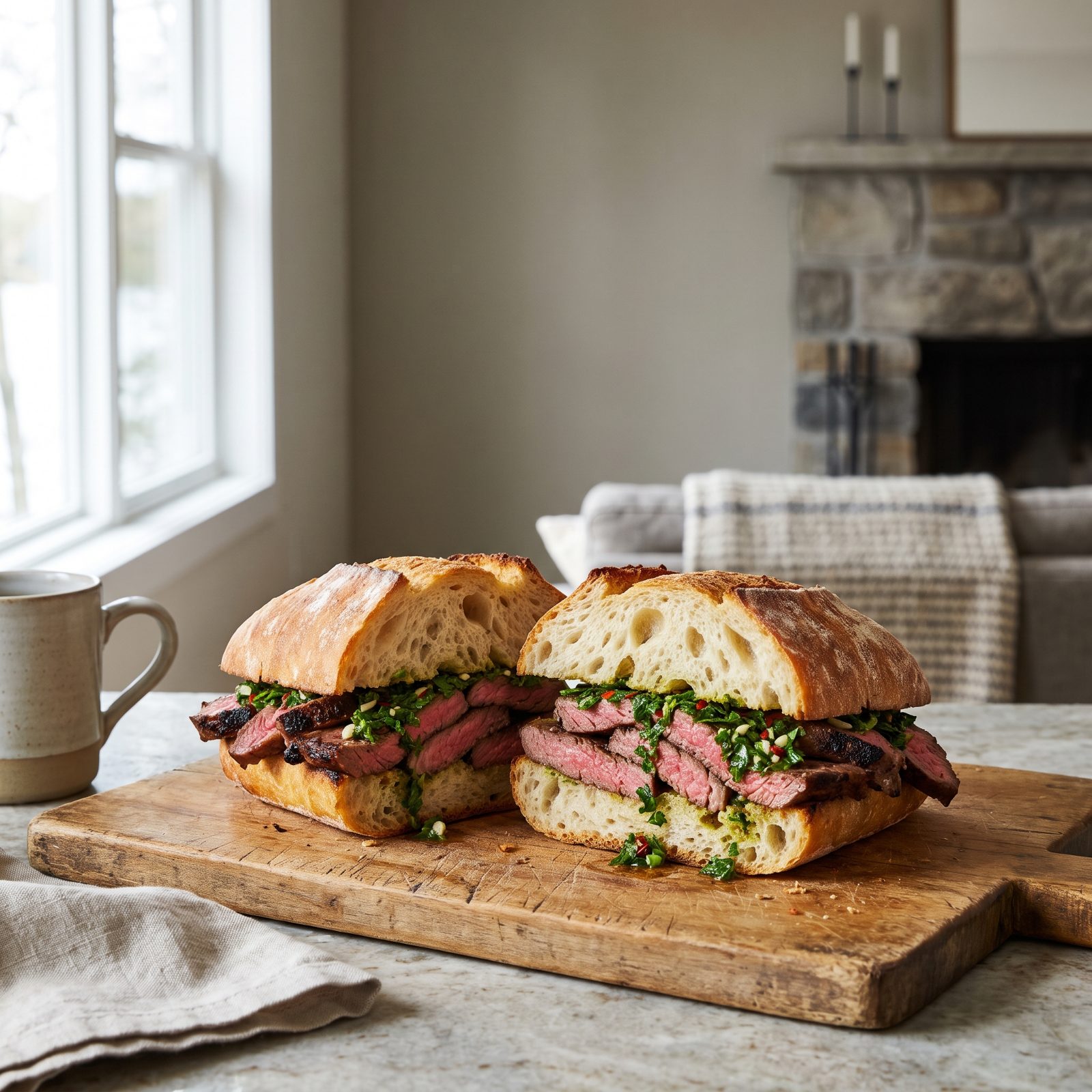 Grilled Steak and Chimichurri on Crusty Bread
