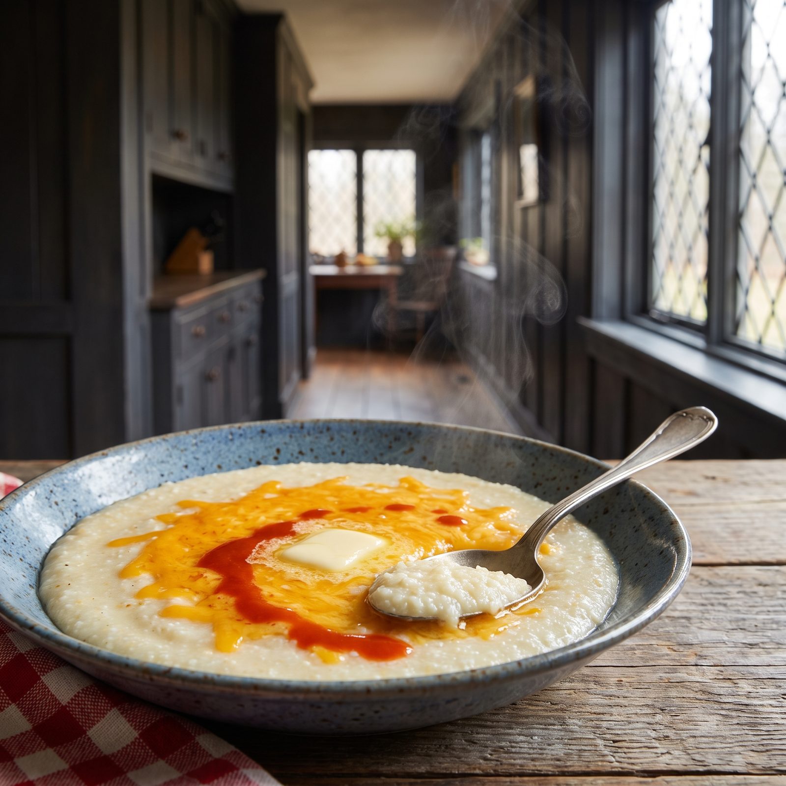 Grits Topped With Cheddar and Hot Sauce