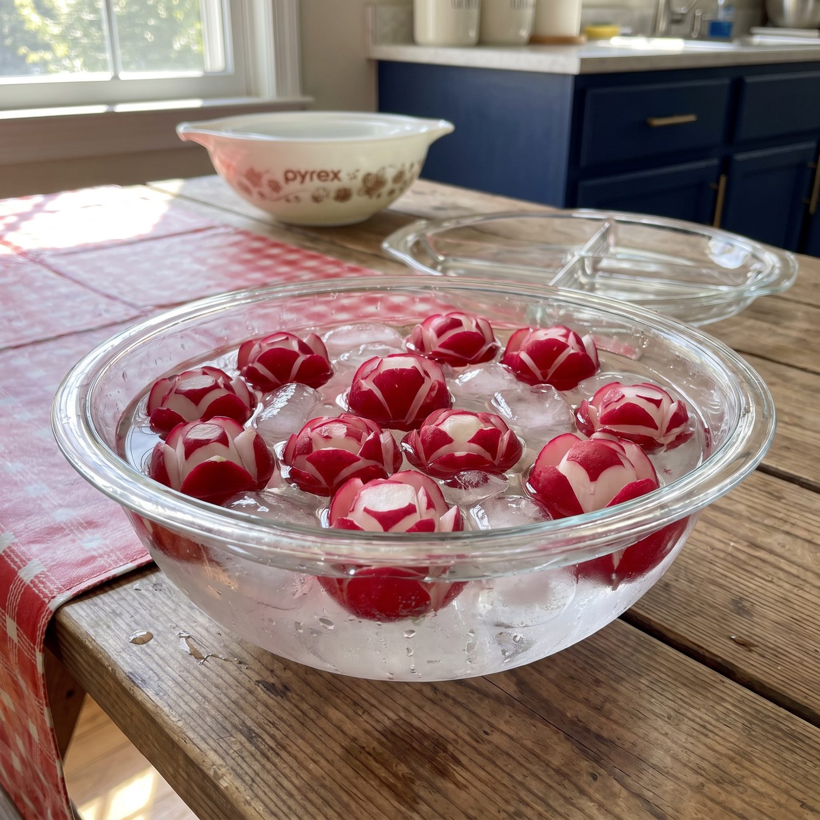 Hand-Cut Radish Roses Chilled in Ice Water