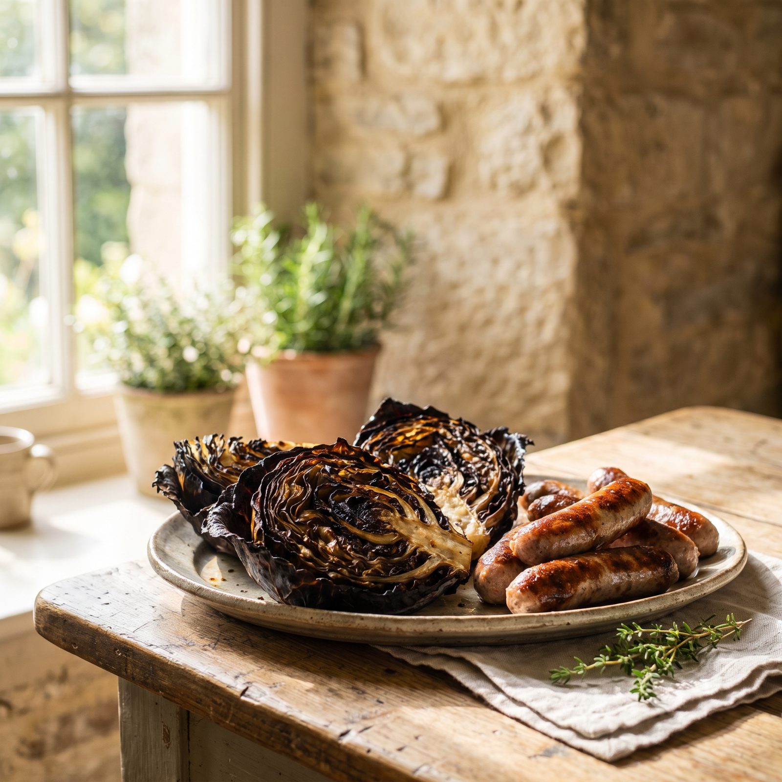A Head of Cabbage Becomes Charred Wedges With Sausage