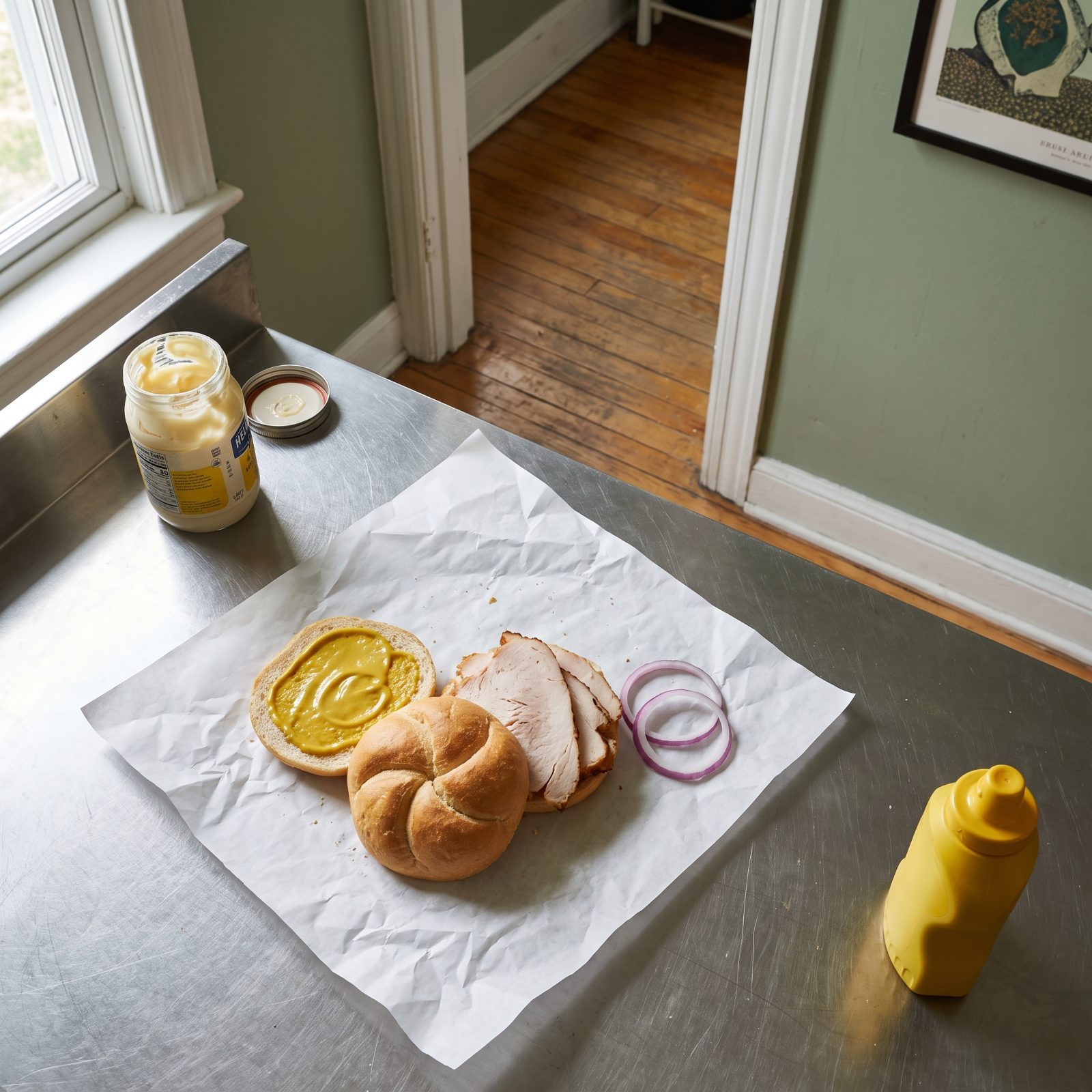 Turkey sandwich on a kaiser roll on butcher paper with mustard spread, onion to the side, and a jar of mayonnaise pushed to