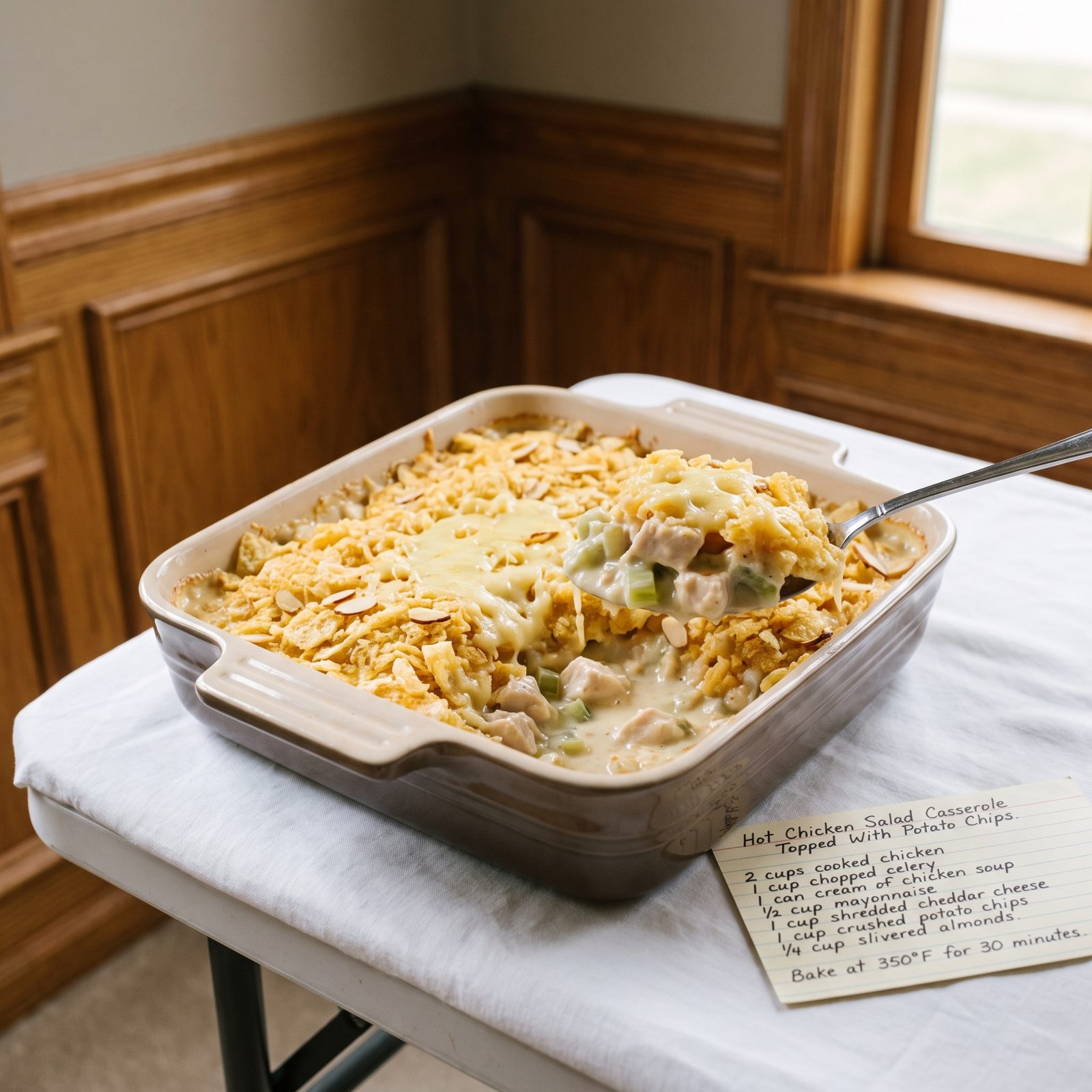 Hot Chicken Salad Casserole Topped With Potato Chips