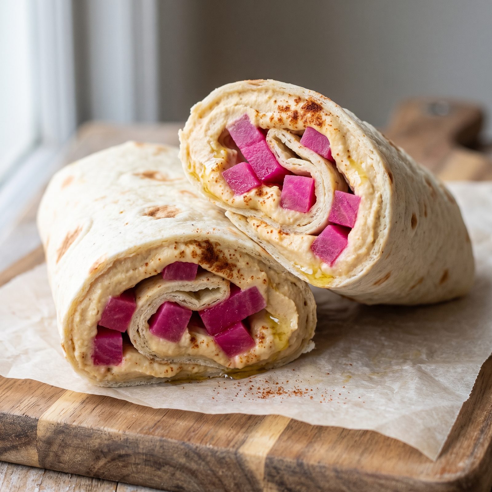 Hummus and Pickled Turnips in Flatbread