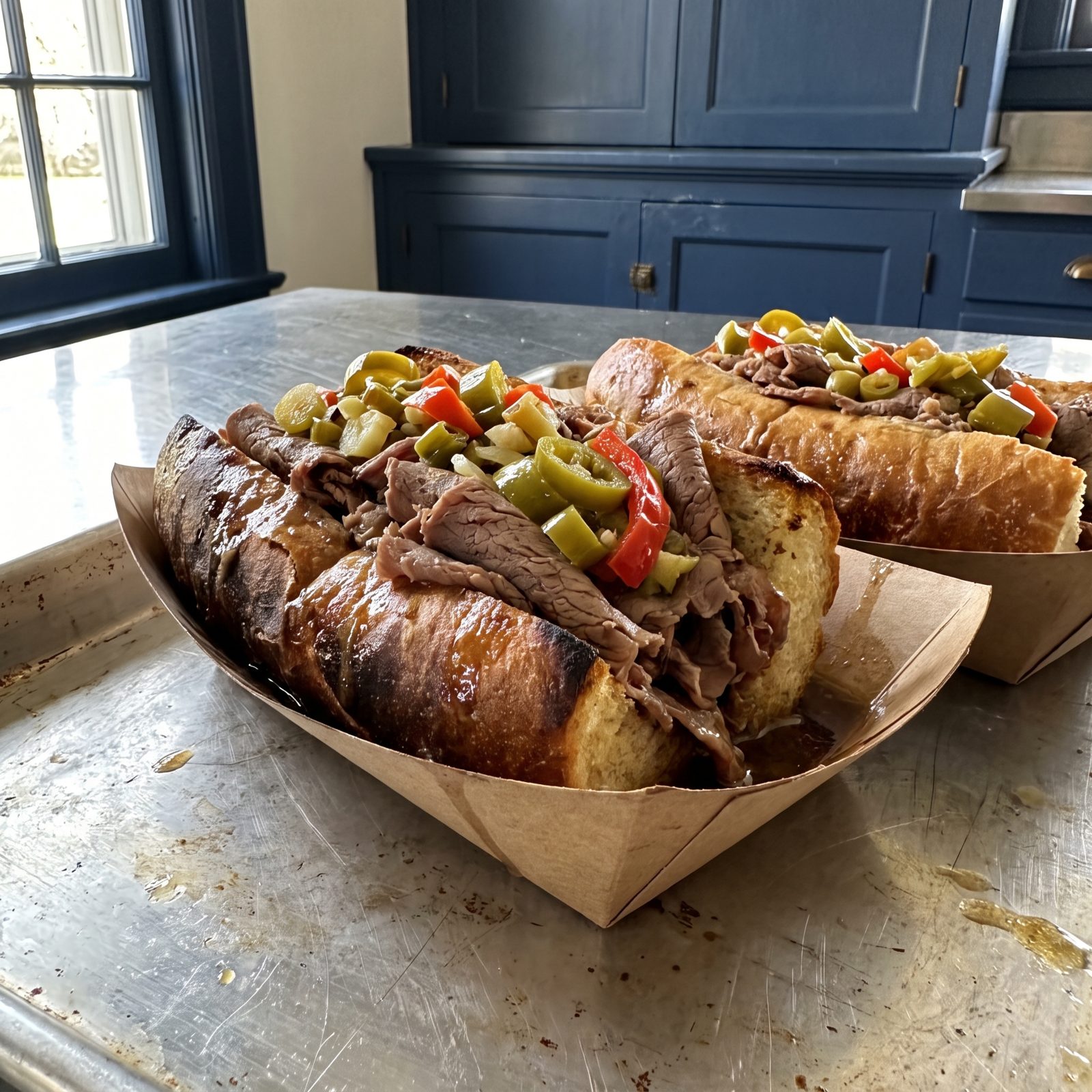 Italian Beef Sandwiches Dipped in Jus