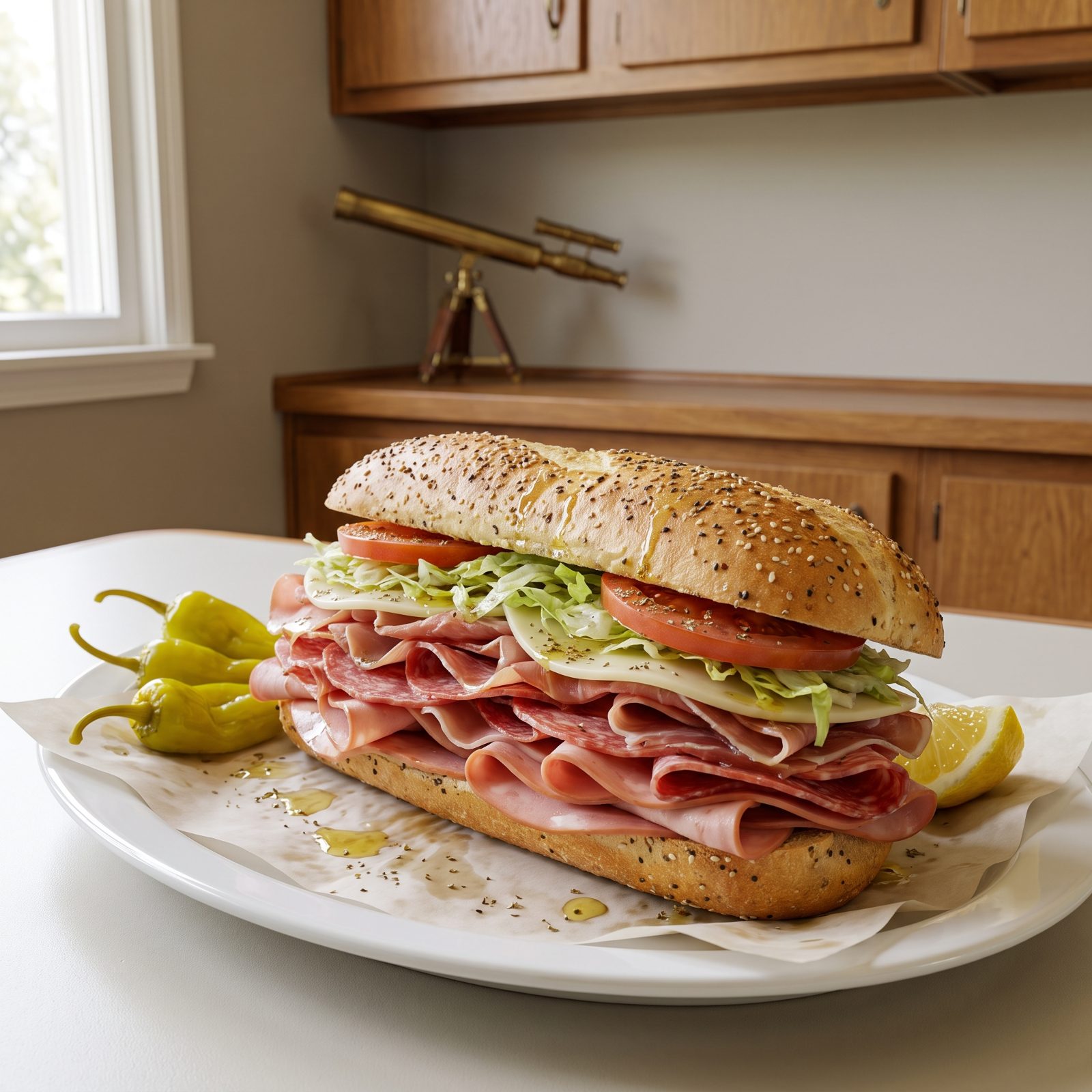 Overstuffed Italian combo sub on a seeded roll with layered cured meats, cut on the diagonal on a deli-paper-lined plate.