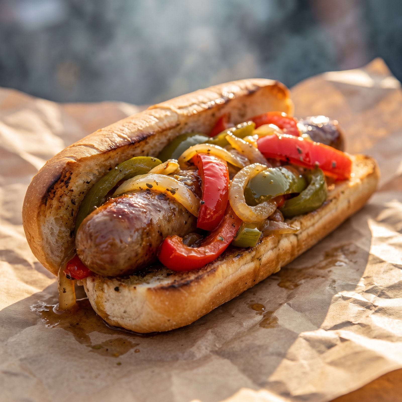 Italian Sausage and Peppers on a Hoagie Roll