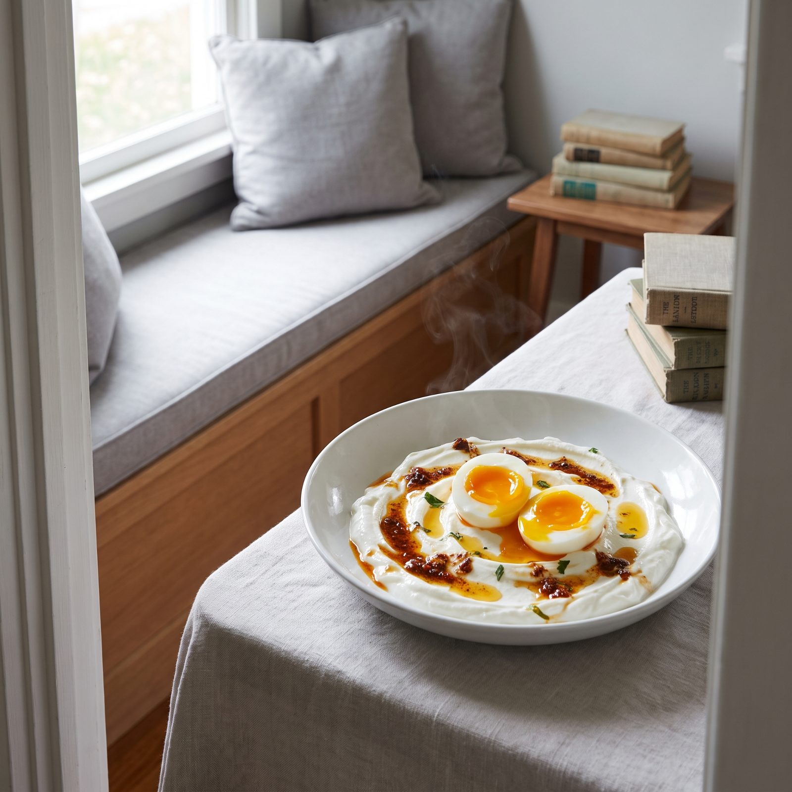 Jammy Eggs Over Garlicky Yogurt