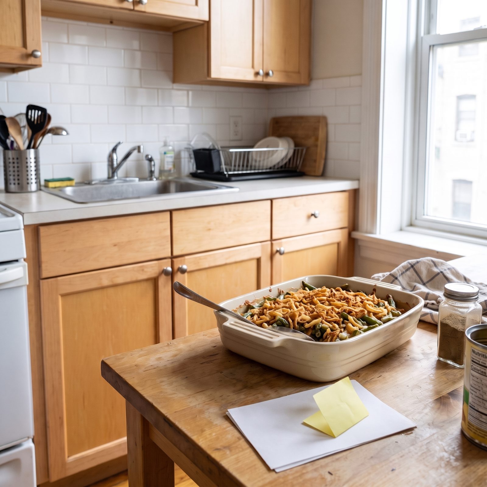 Kitchen counter with a white casserole dish of green-bean bake beside a handwritten recipe card with one line covered by a