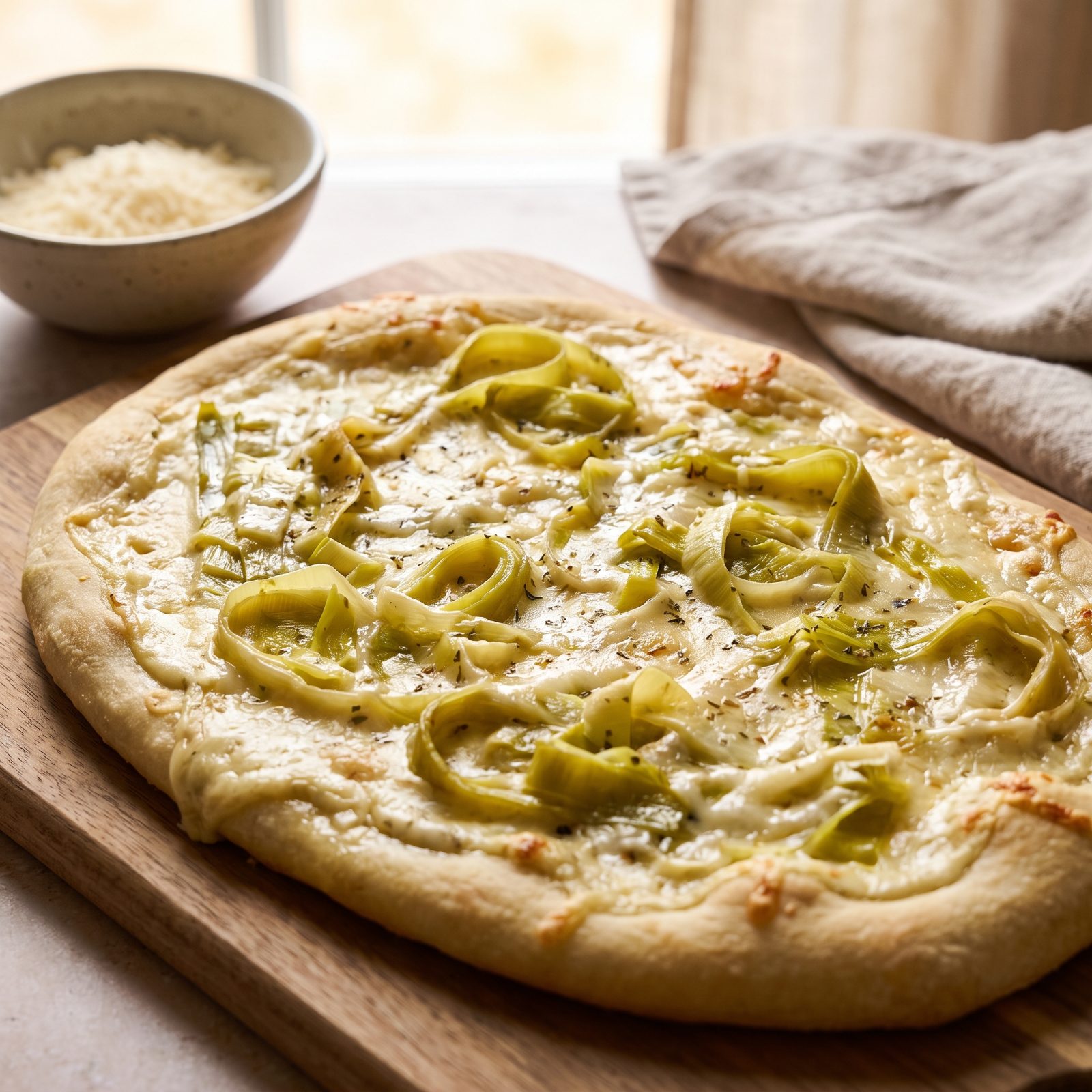 Leek Pizza With a Creamy Parmesan Base