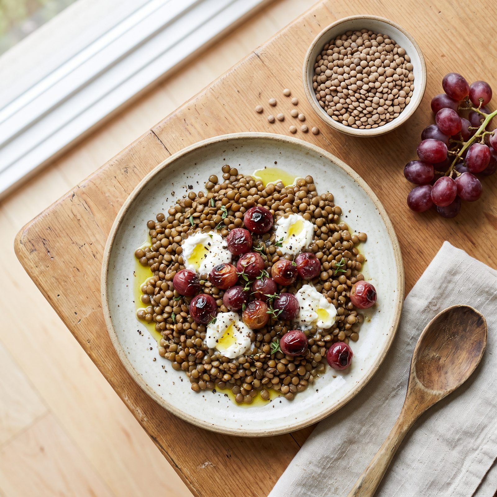Lentils and Roasted Grapes With Goat Cheese