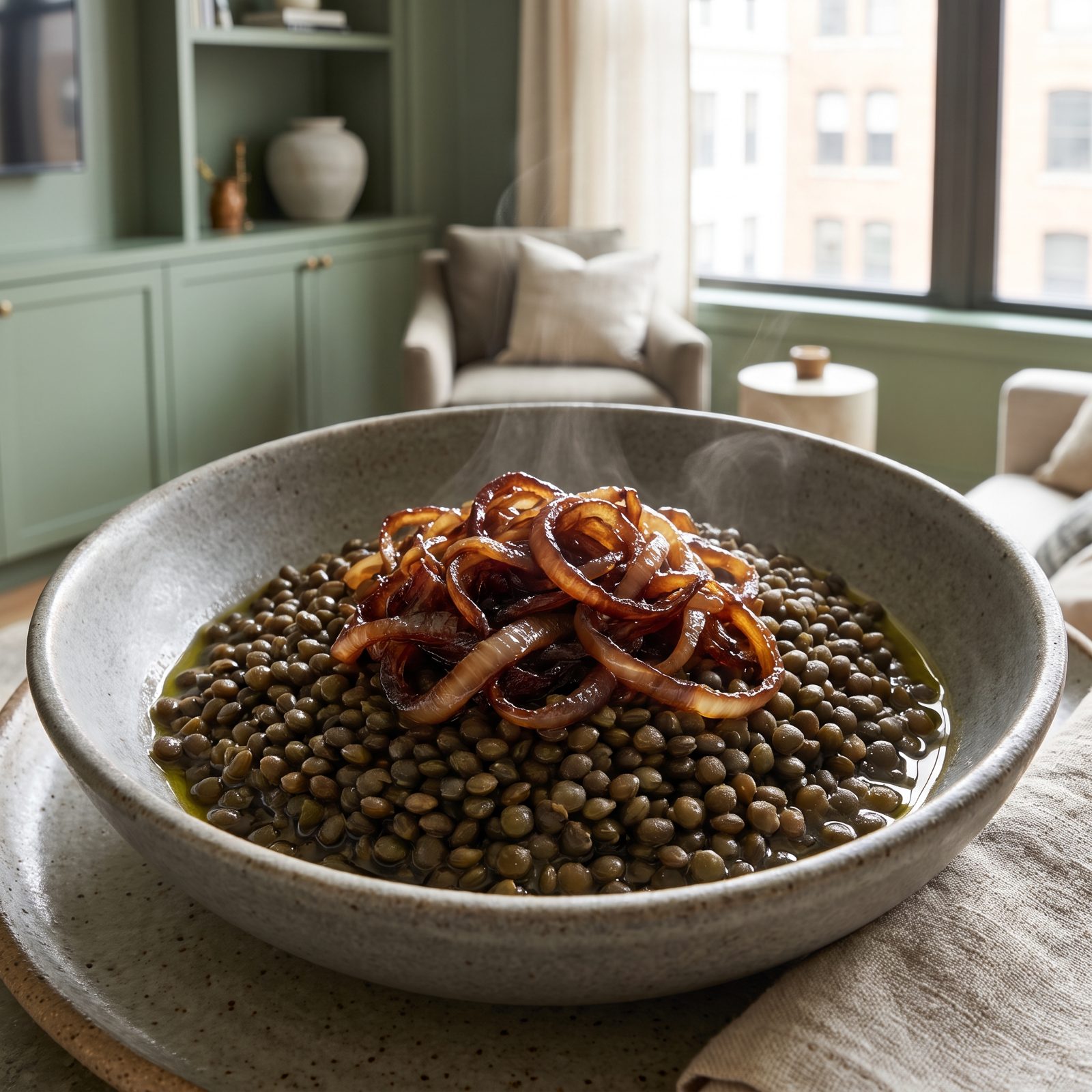Lentils Topped With Caramelized Onions