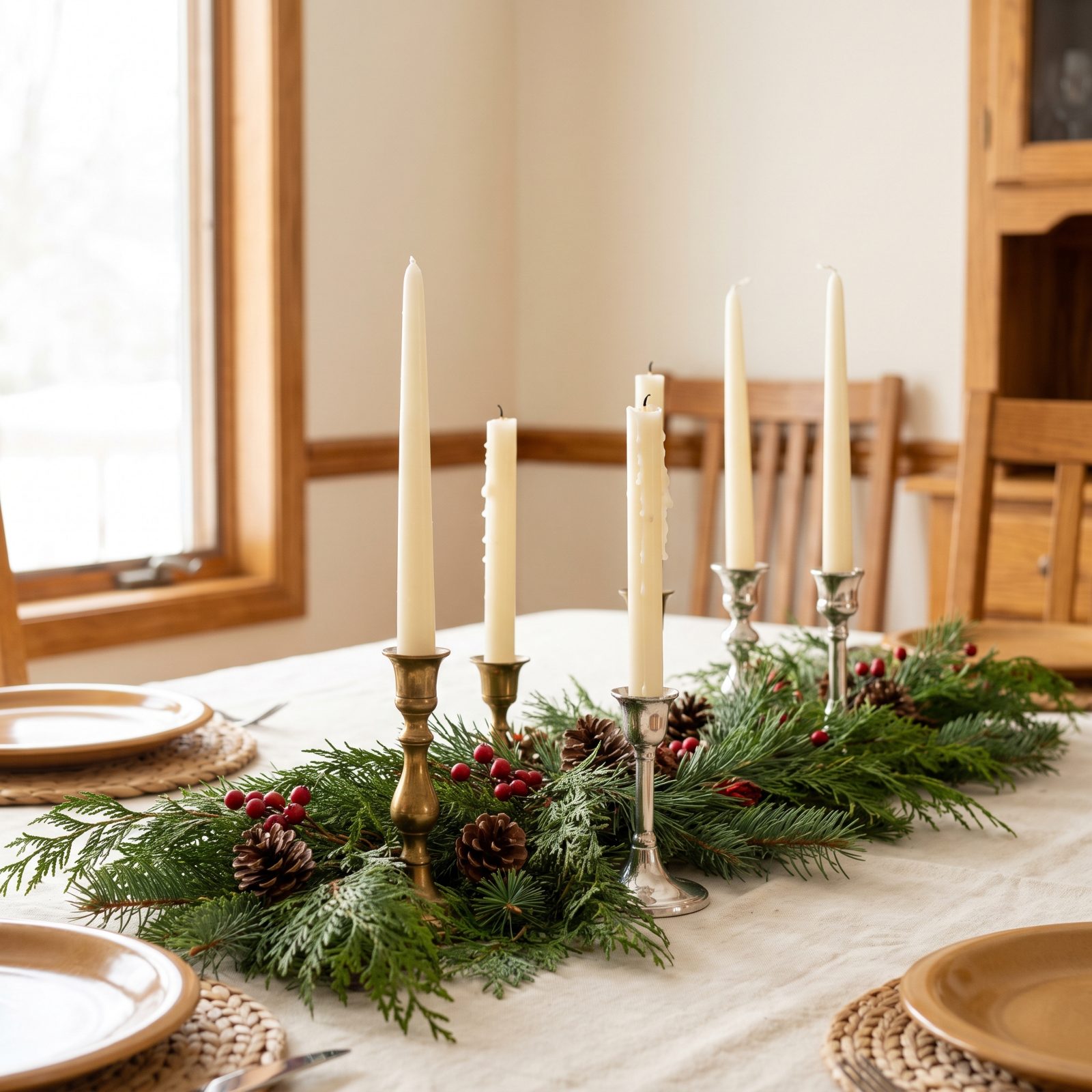 A Low Cedar Garland Running Between the Taper Candles