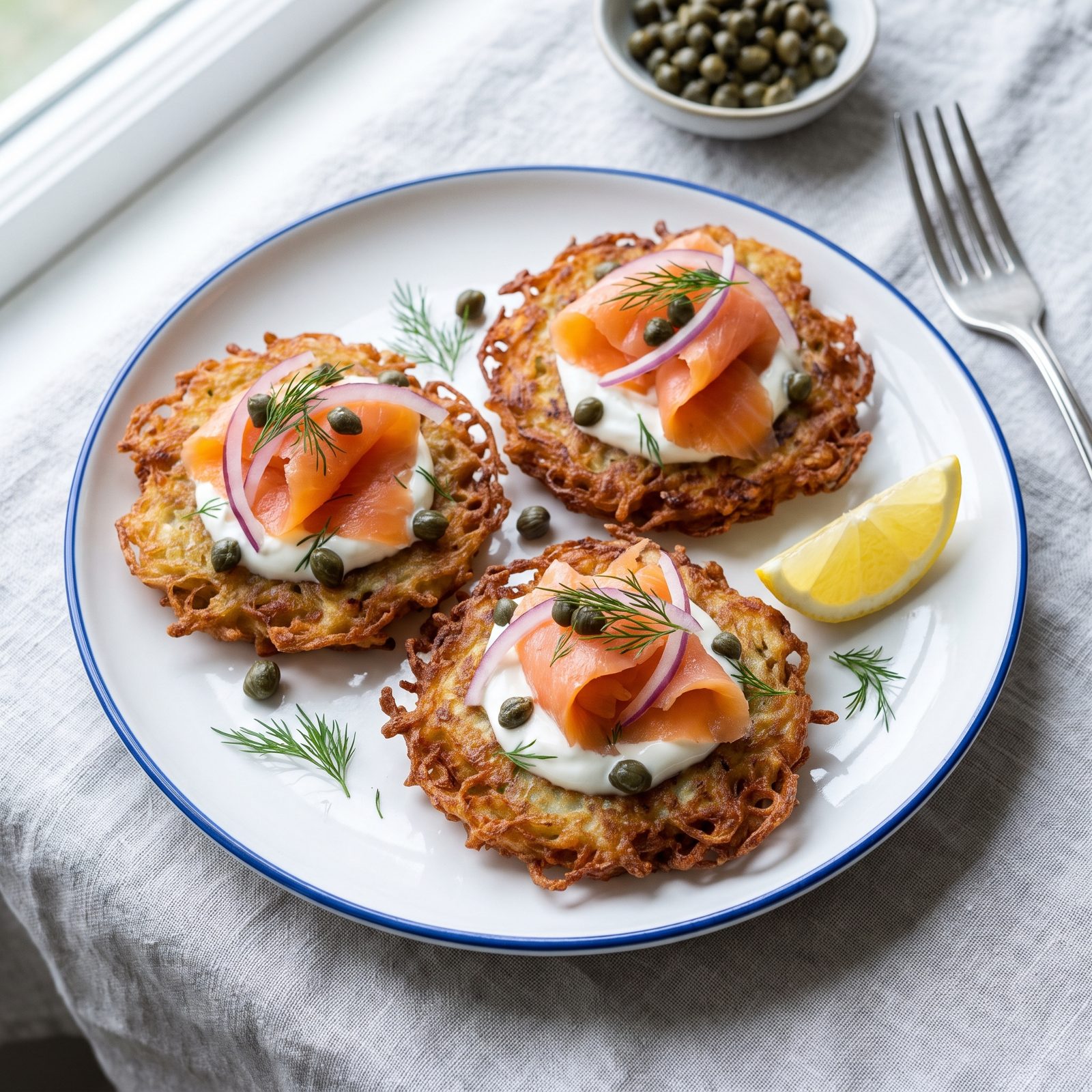 Lox-Topped Potato Latkes With Crème Fraîche