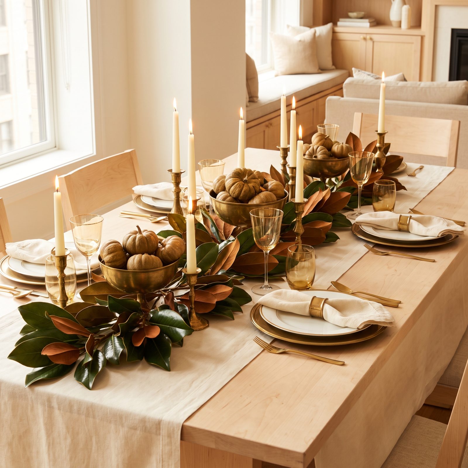 Magnolia Leaf and Brass Tablescape