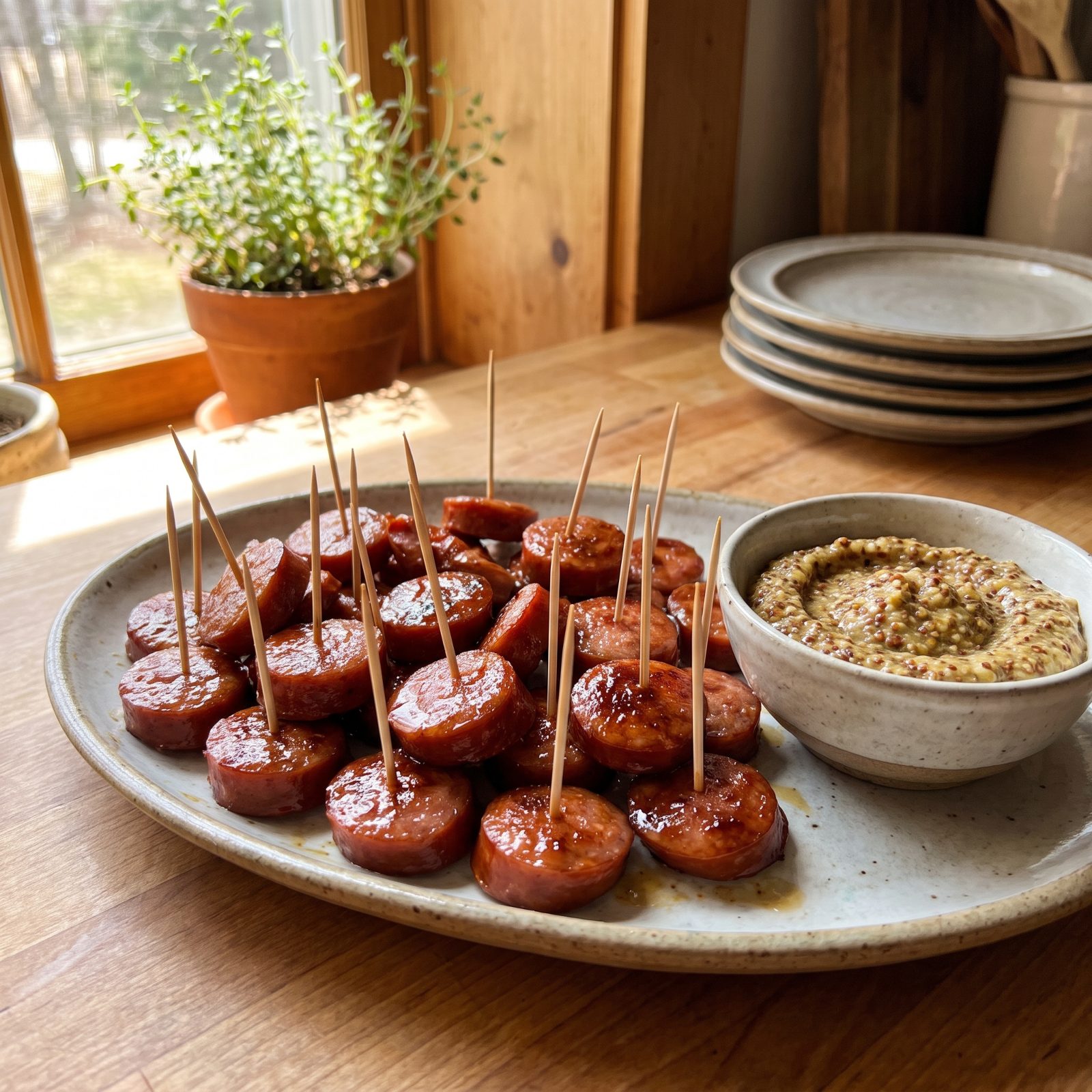Maple-Glazed Kielbasa Coins With Grainy Mustard
