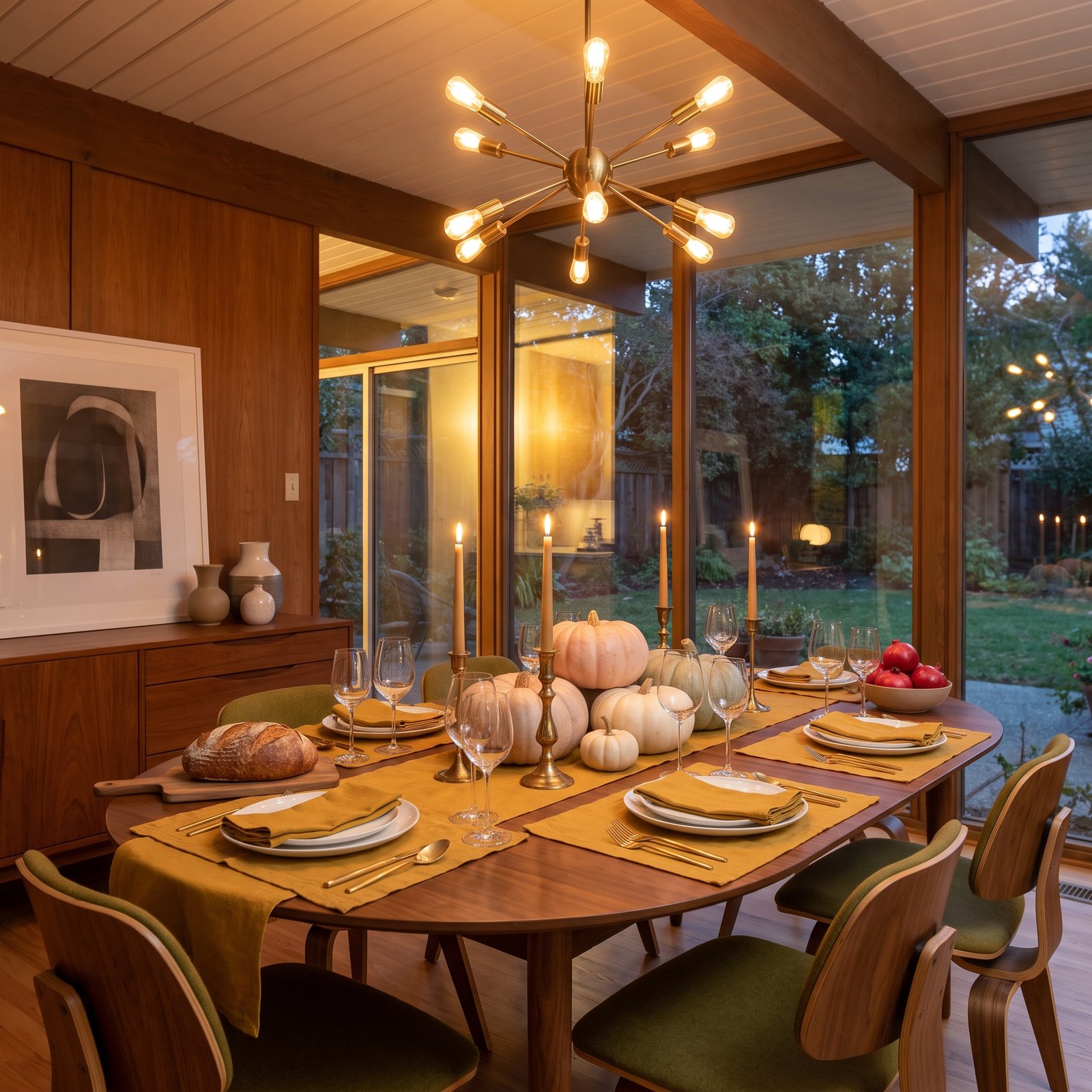 Mid-Century Lines, Mustard Linen and Sculptural Pumpkins