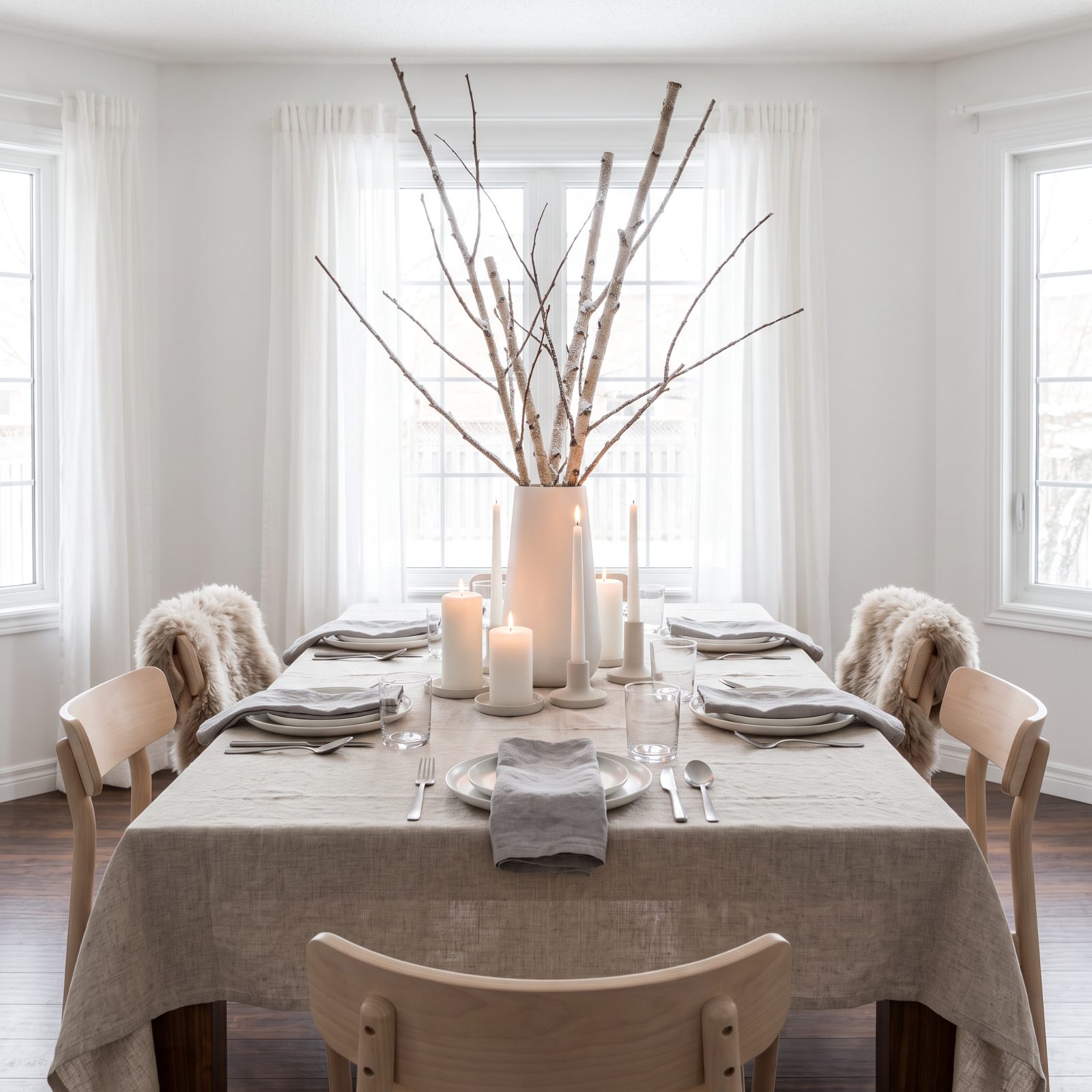 The Minimal Table With White Candles and Bare Branches