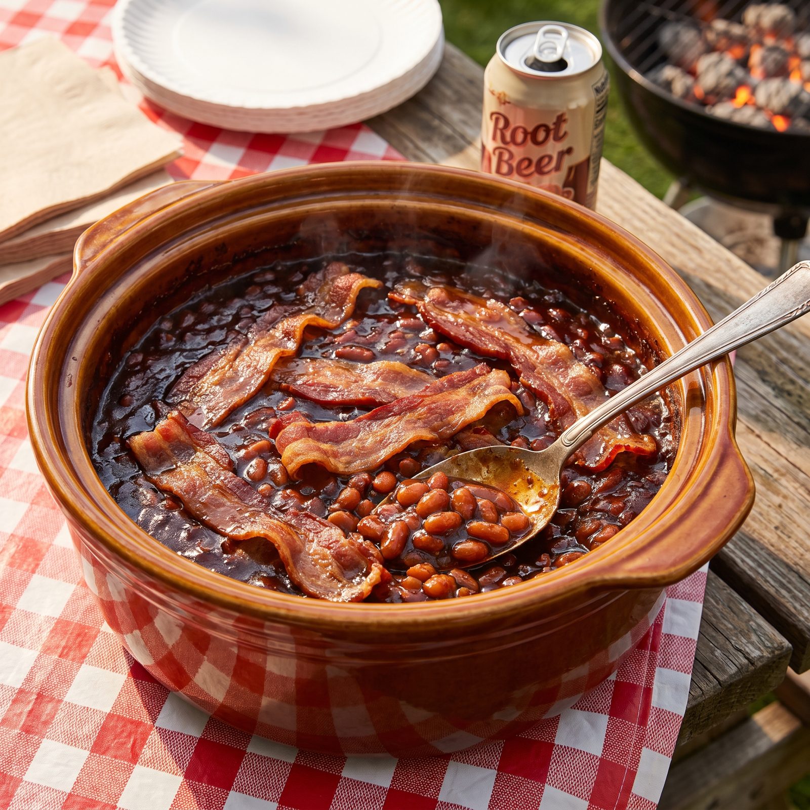 Molasses Baked Beans Topped With Strips of Bacon