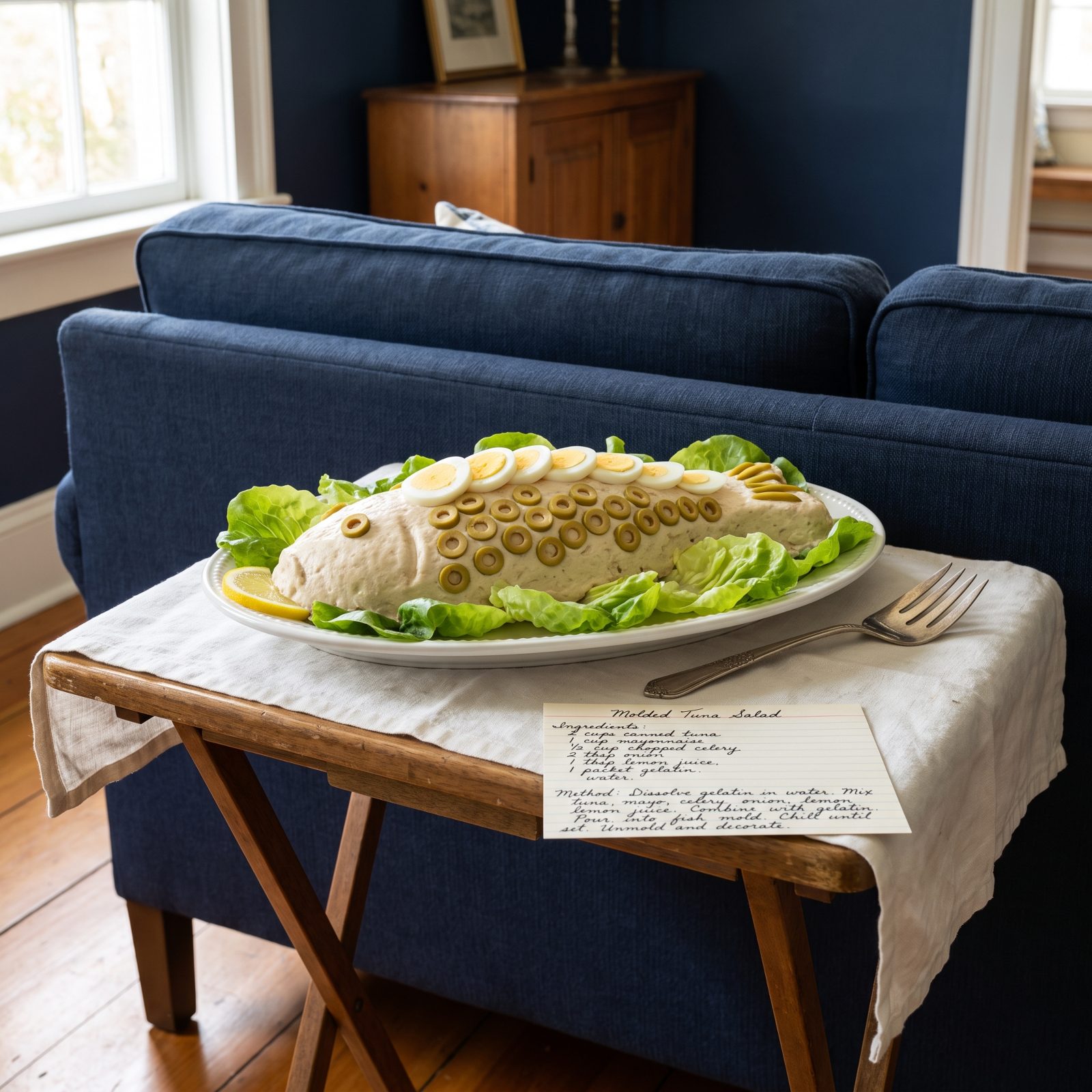 Molded Tuna Salad Decorated With Olives and Hard-Boiled Eggs