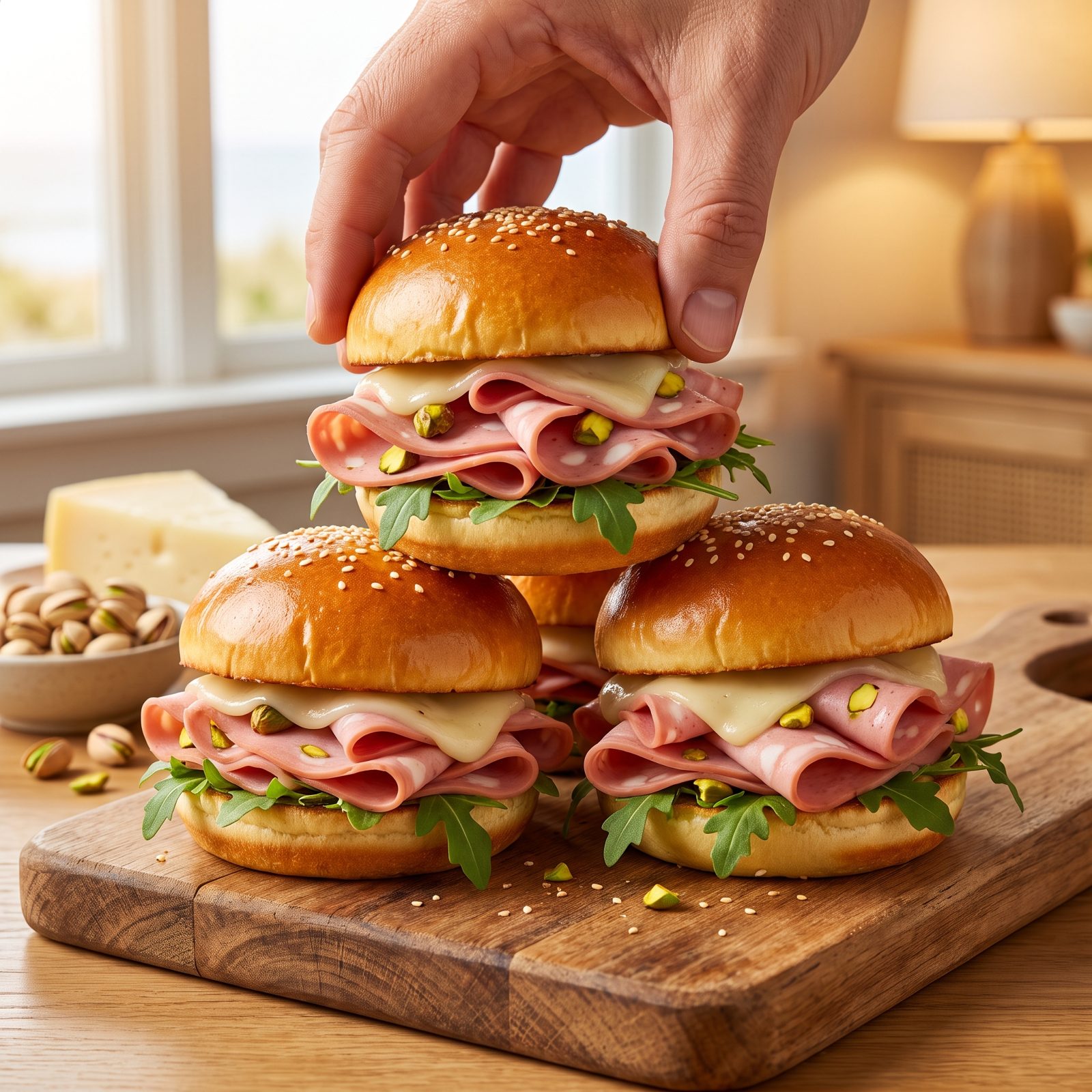 Mortadella, Provolone and Pistachio Sliders