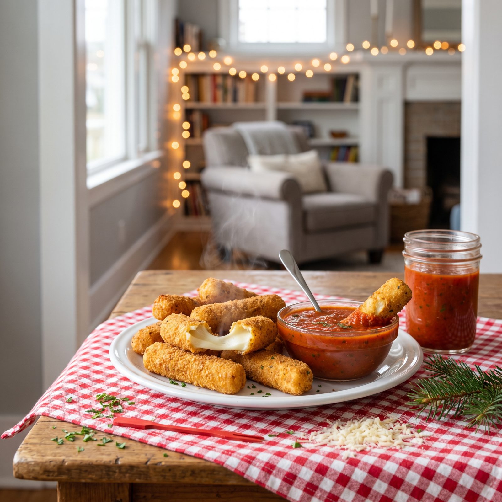 Mozzarella Sticks With a Jar of Warm Marinara