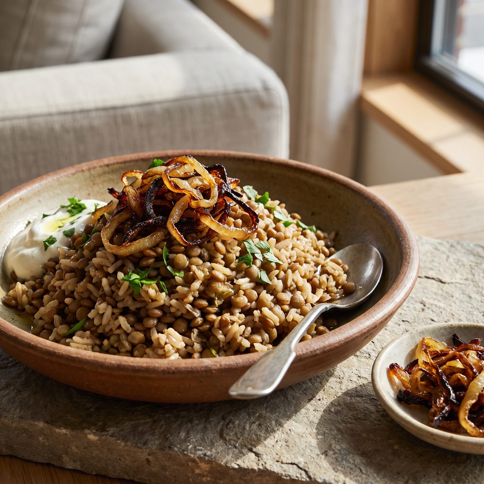 Mujadara With Deeply Fried Onions