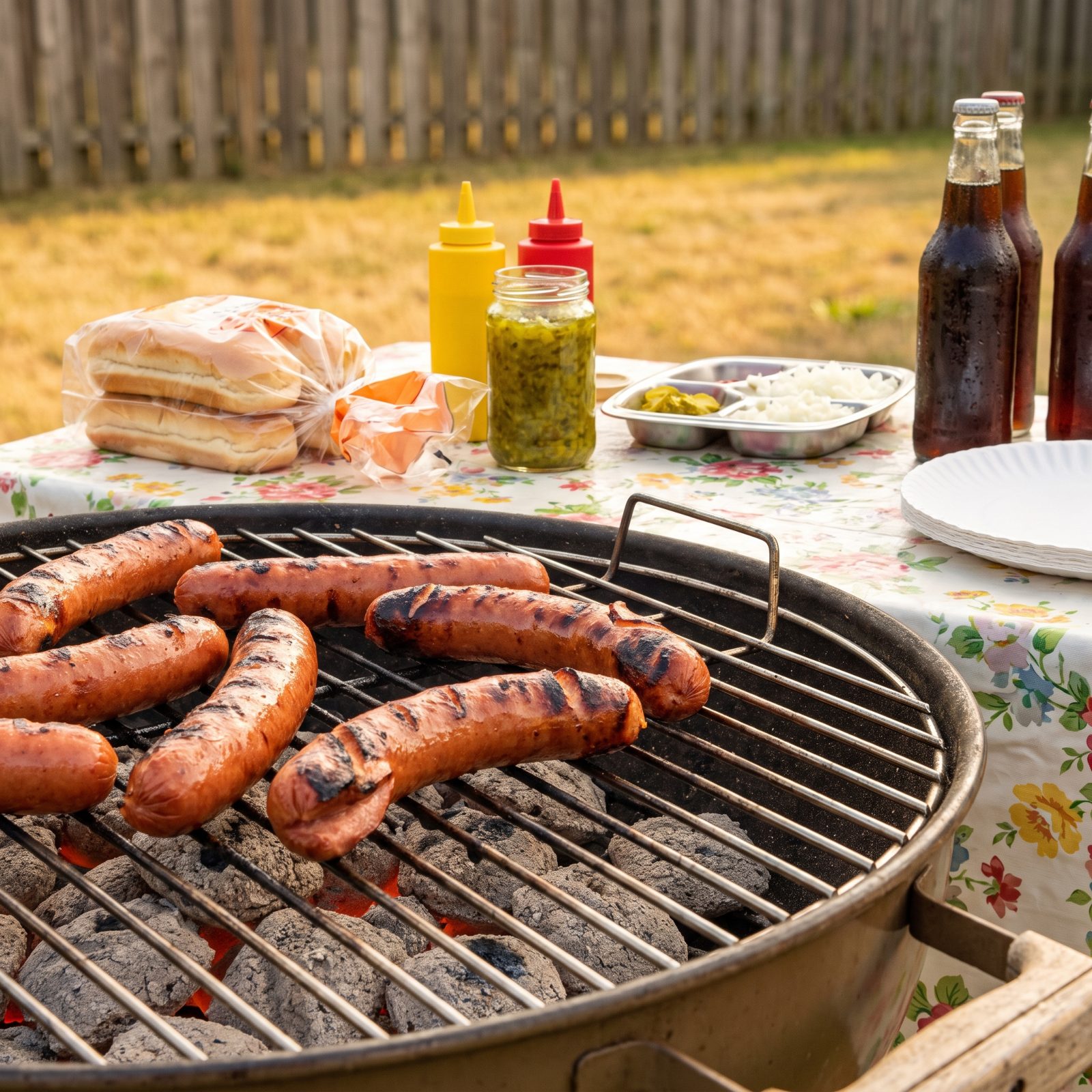 Natural-Casing Hot Dogs Blistered Over Briquettes