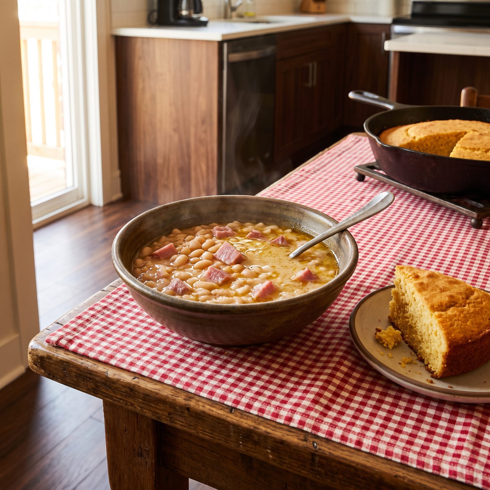 Navy Beans With Ham and a Pan of Cornbread