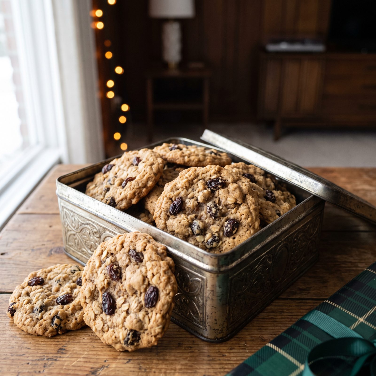 Oatmeal Raisin Cookies Kept in a Metal Tin