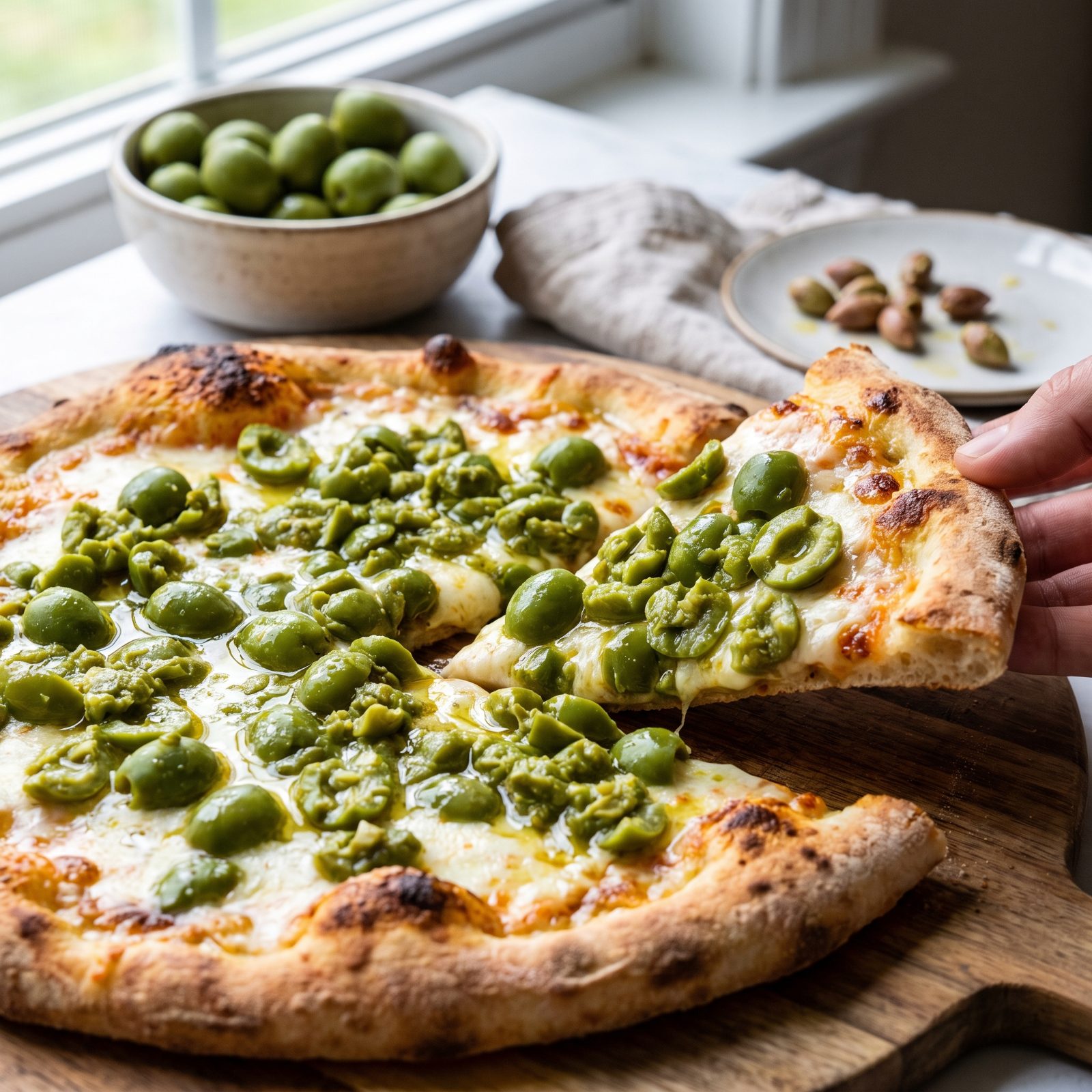 Olive Pizza With Crushed Castelvetrano Olives