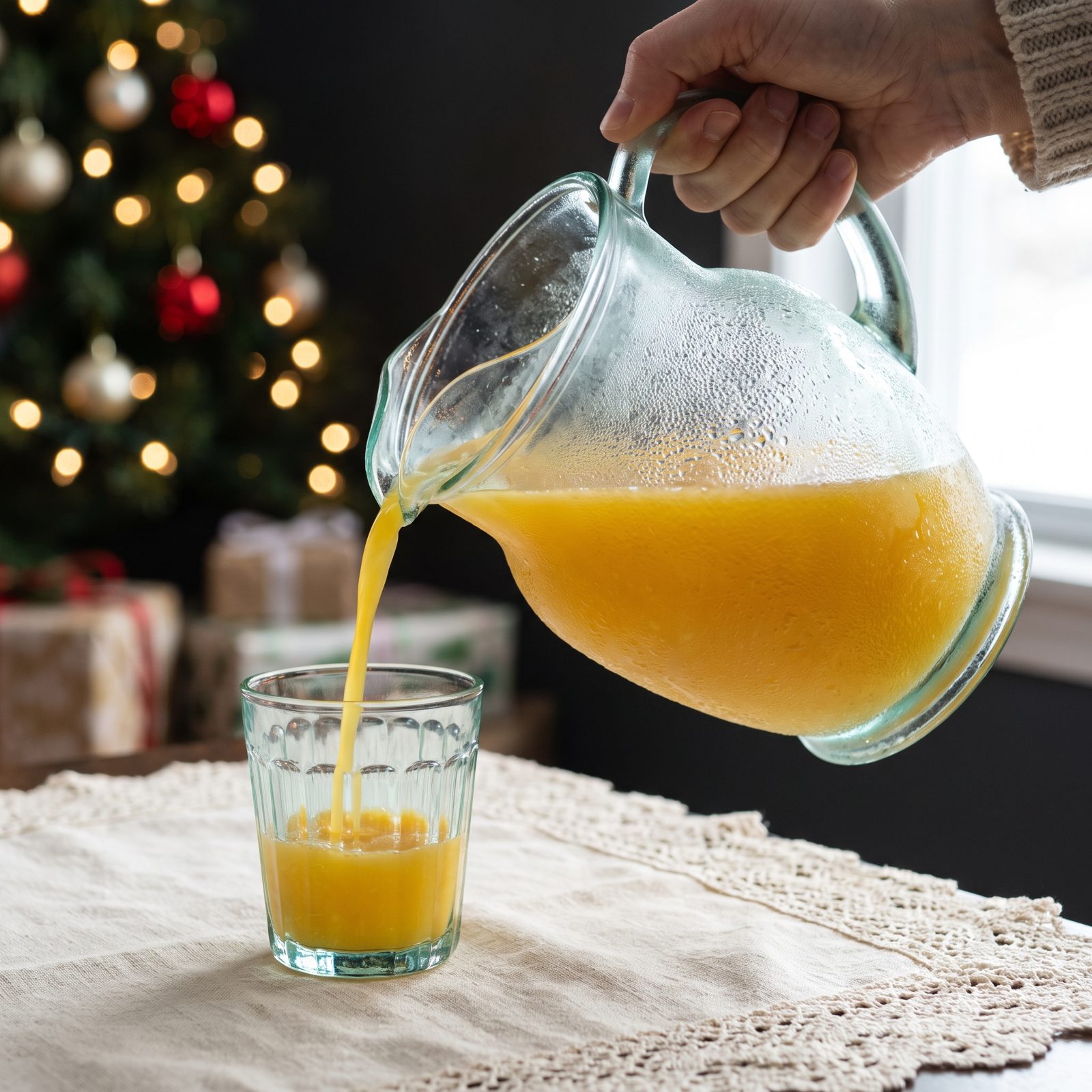 Orange Juice Poured From a Frosted Glass Pitcher