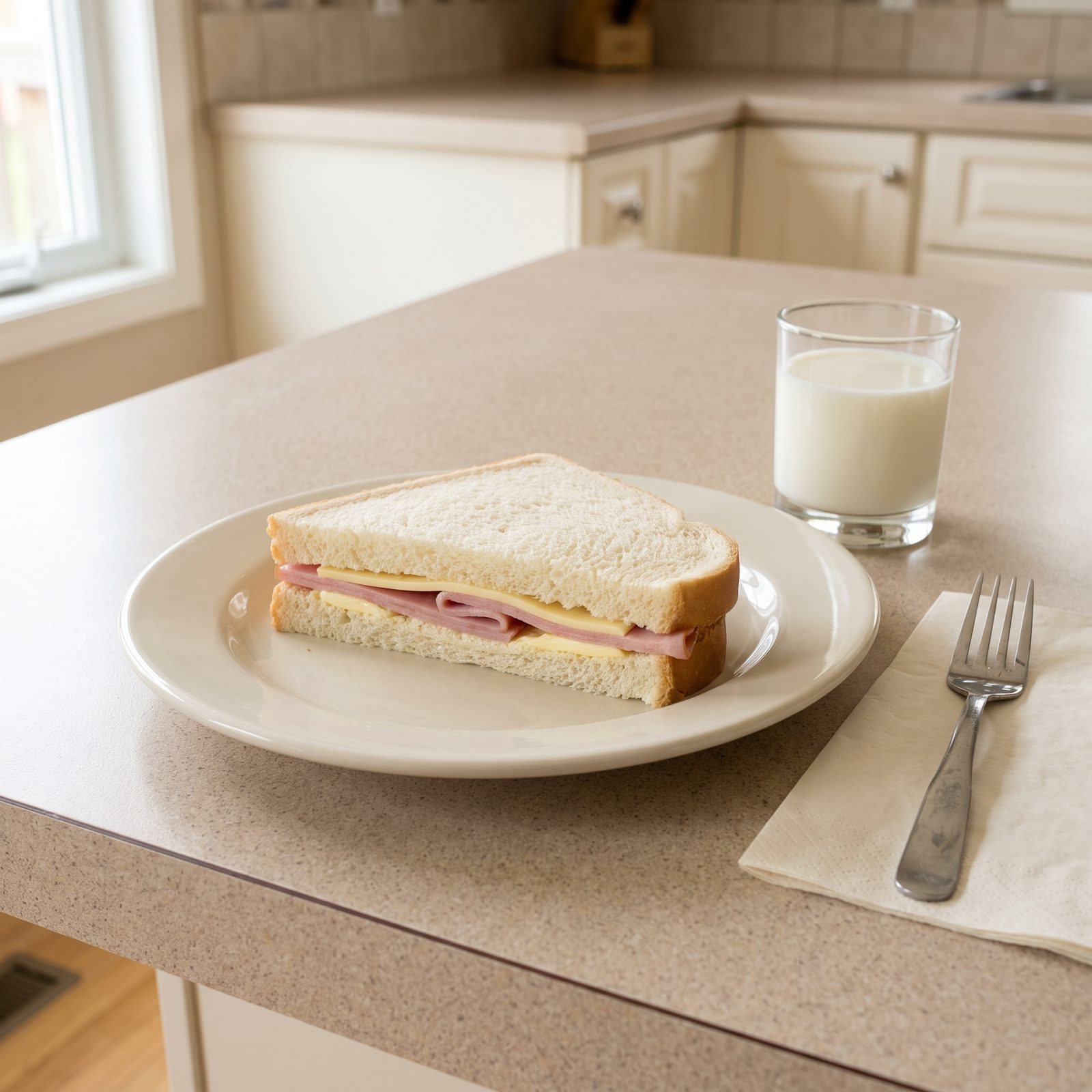 Diner plate with a white-bread ham and cheese sandwich cut into two triangles, a glass of milk beside it.