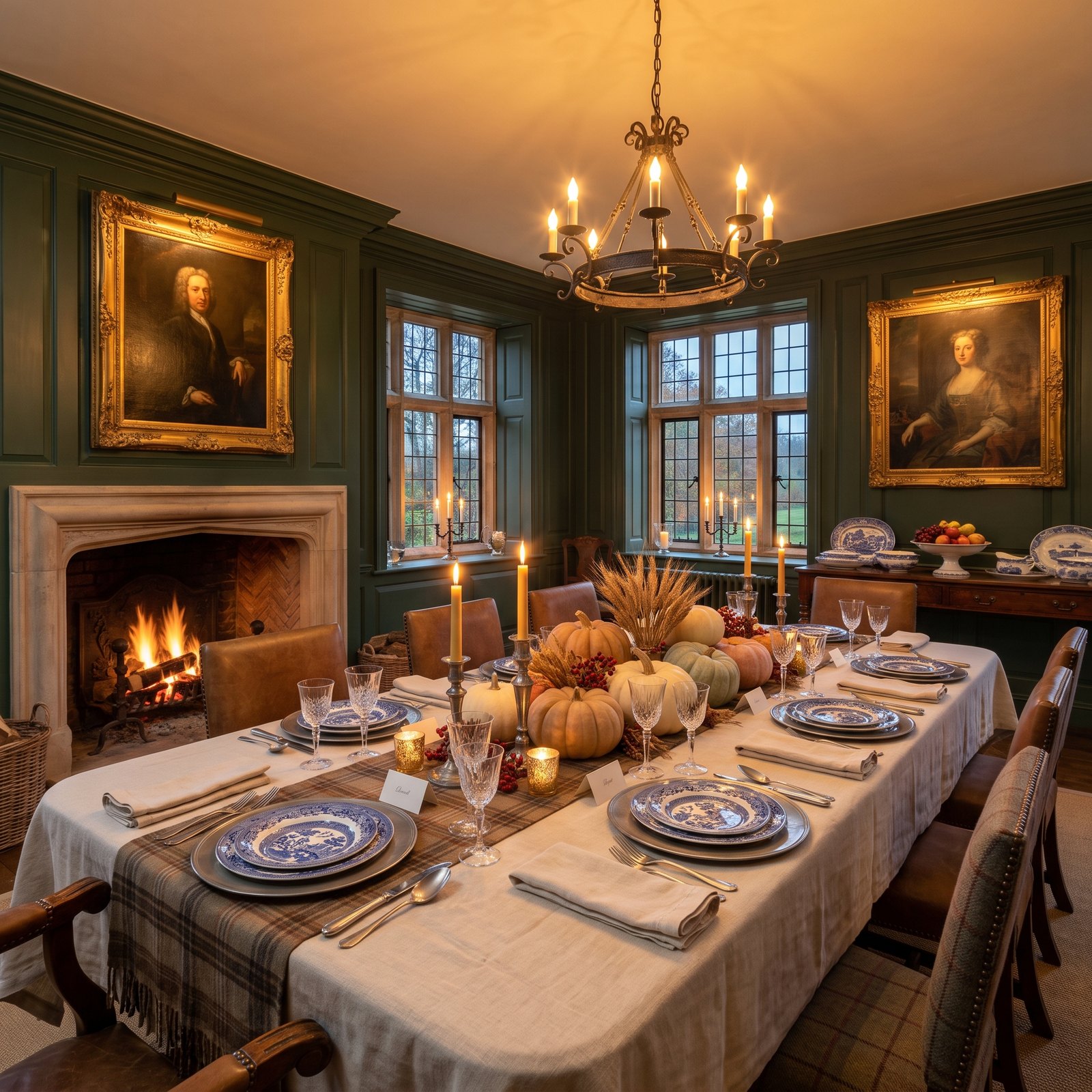 Plaid, Pewter and Pumpkins in an English Country Dining Room