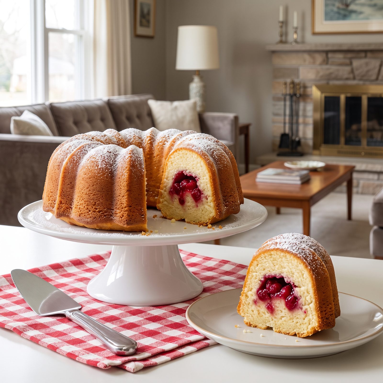 Plain Bundt Cake With a Ruby Cranberry Tunnel