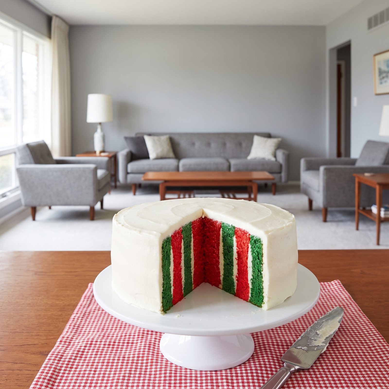 A Plain White Cake With Red-and-Green Vertical Stripes