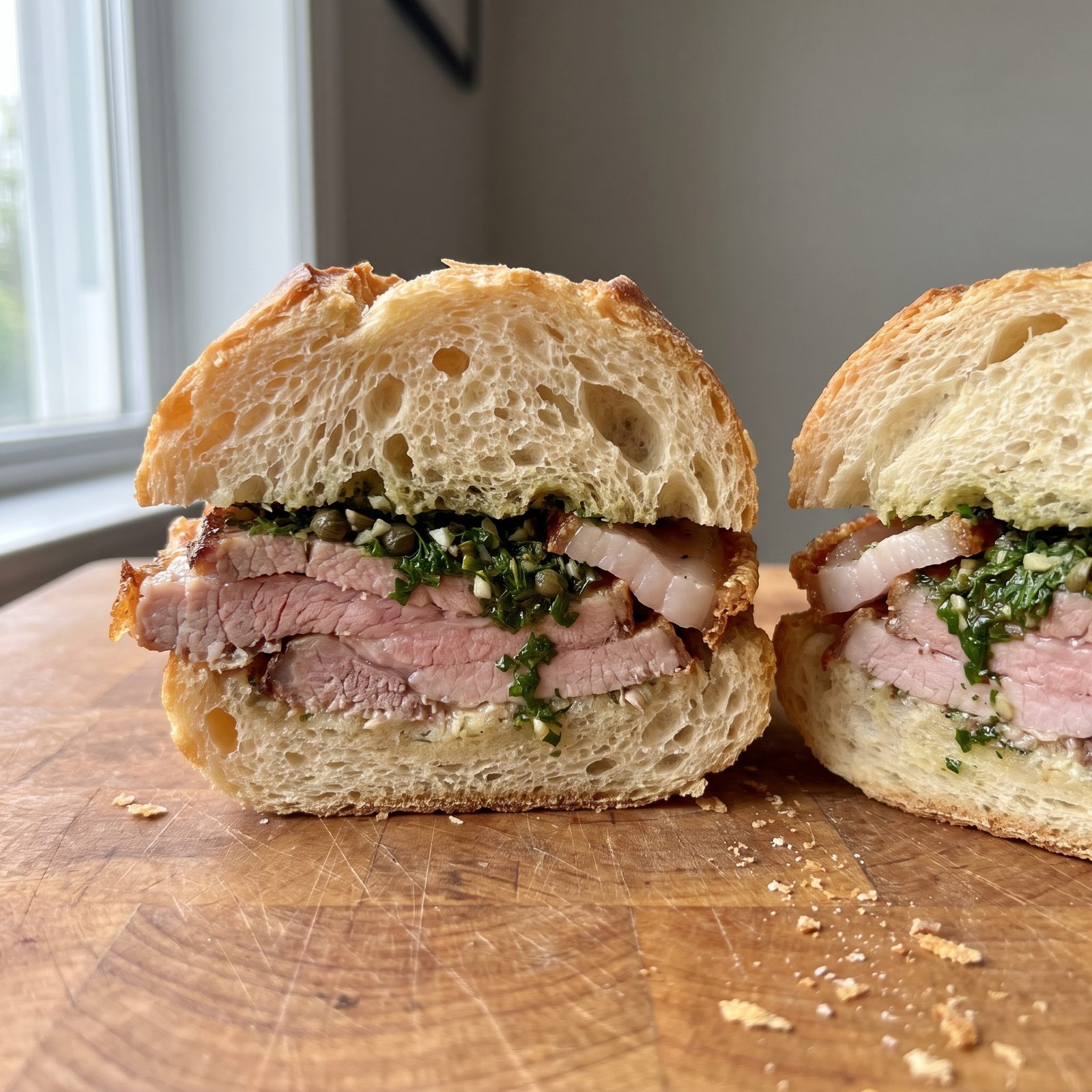 Porchetta and Salsa Verde on a Crisp Roll