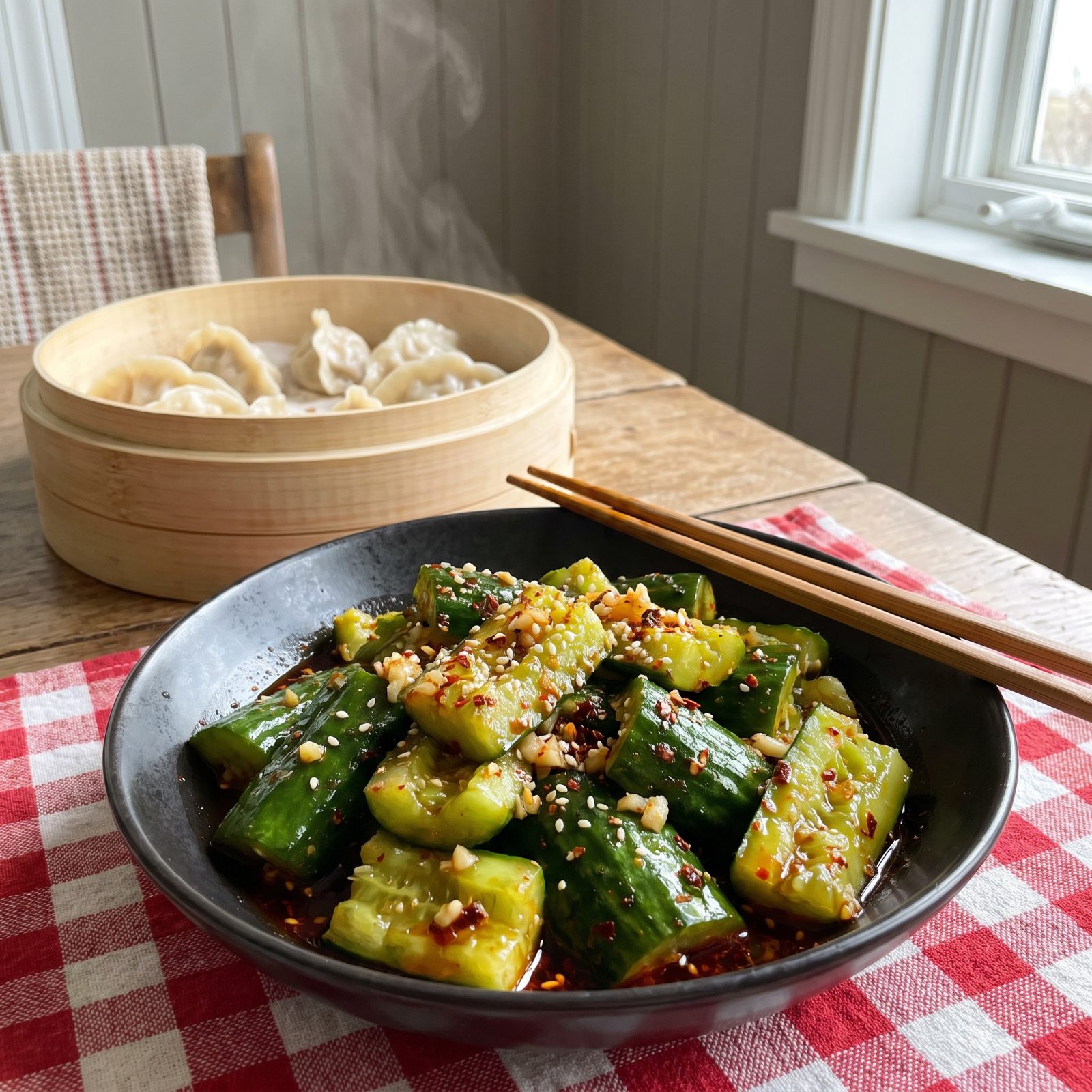 Pork Dumplings Upstaged by Chili-Oil Smashed Cucumbers