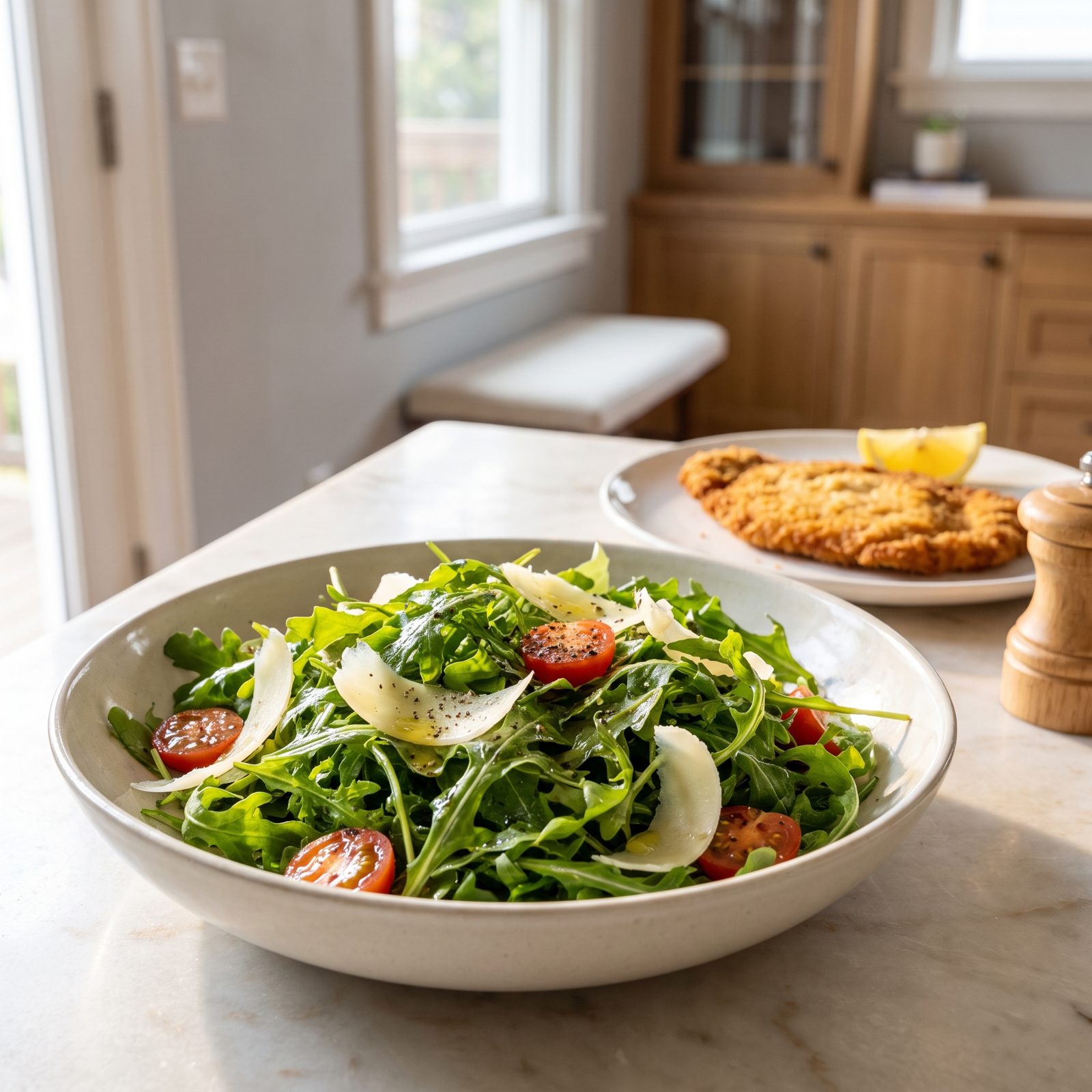 Pork Milanese Upstaged by Peppery Arugula Salad