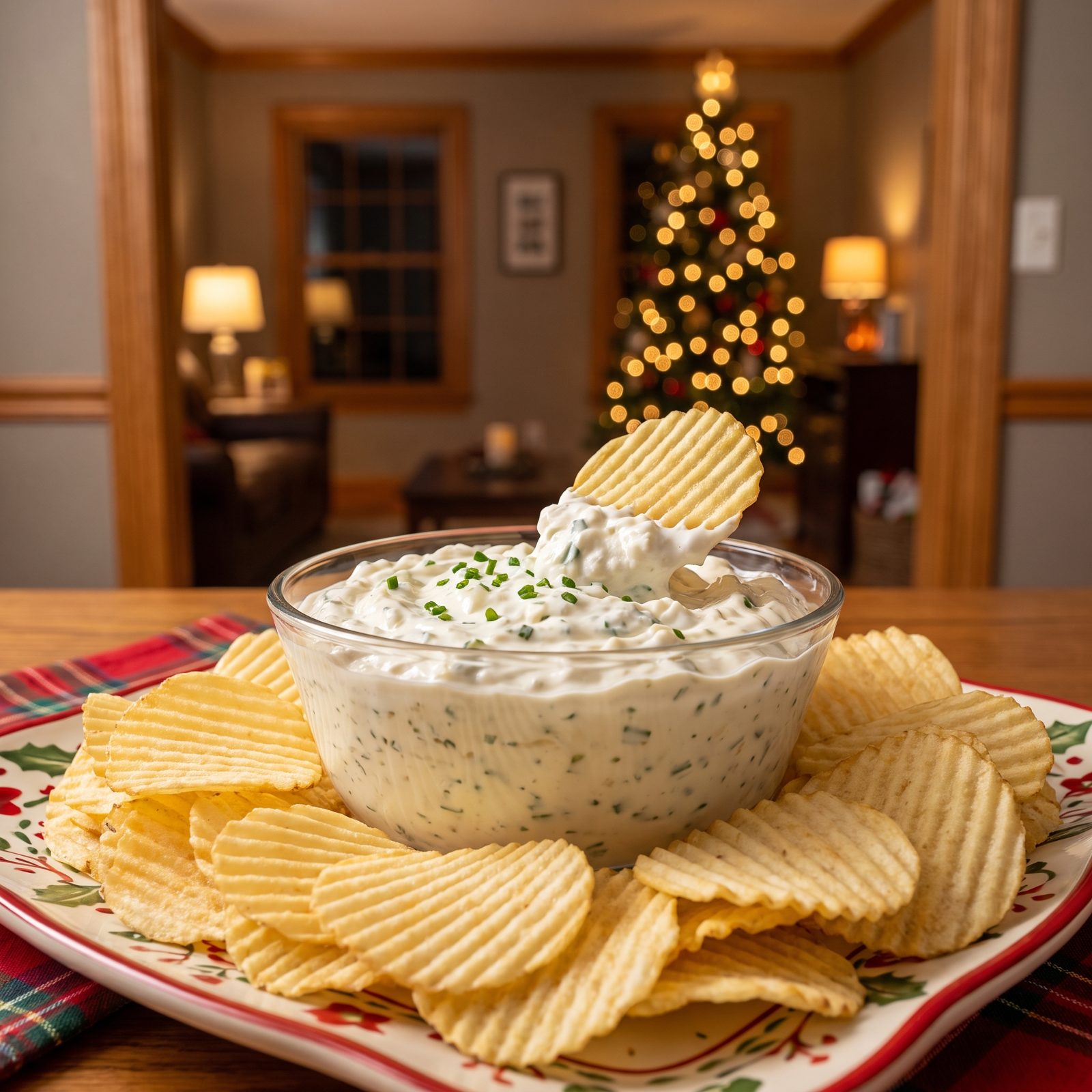 Potato Chips Served With Sour Cream Dip