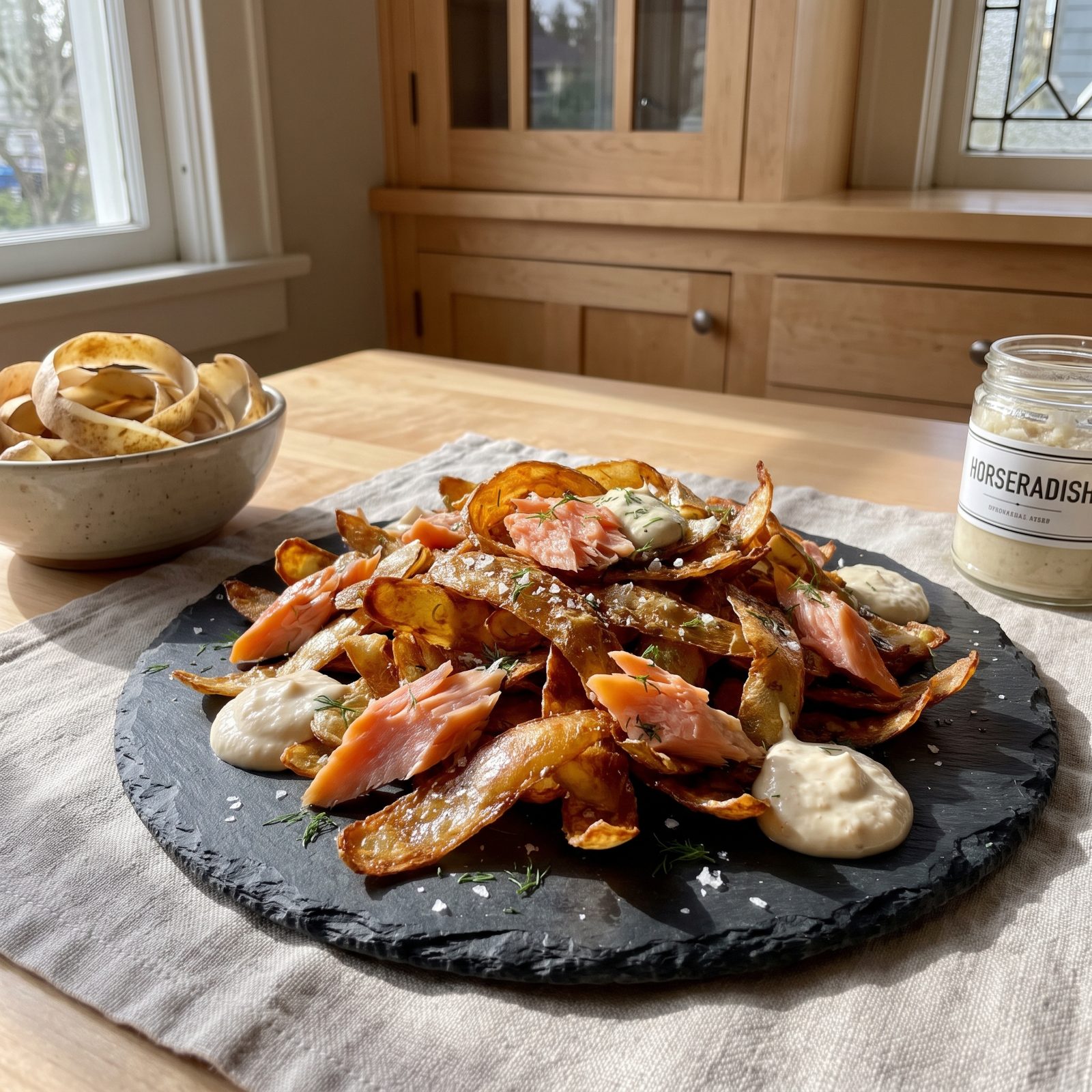 Potato Peels and Smoked Trout With Horseradish Cream