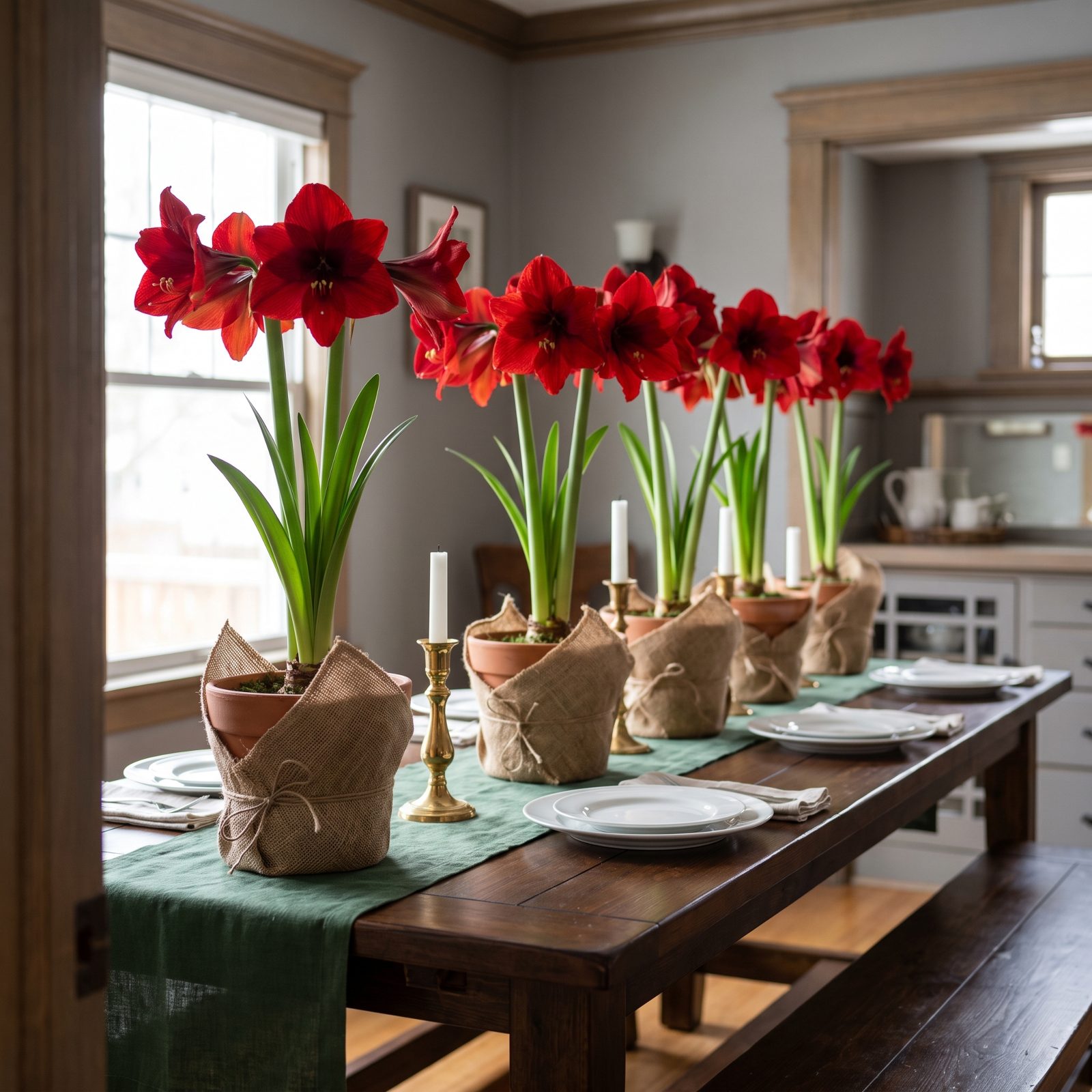 Potted Red Amaryllis Marching Down the Table in a Row