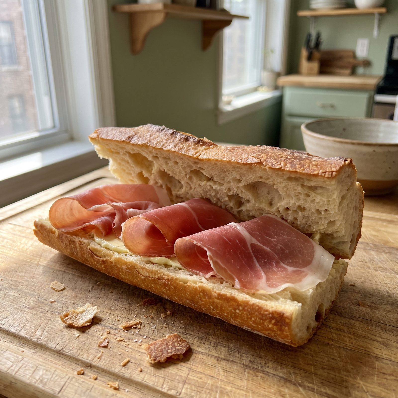 Prosciutto and Butter on a Split Baguette
