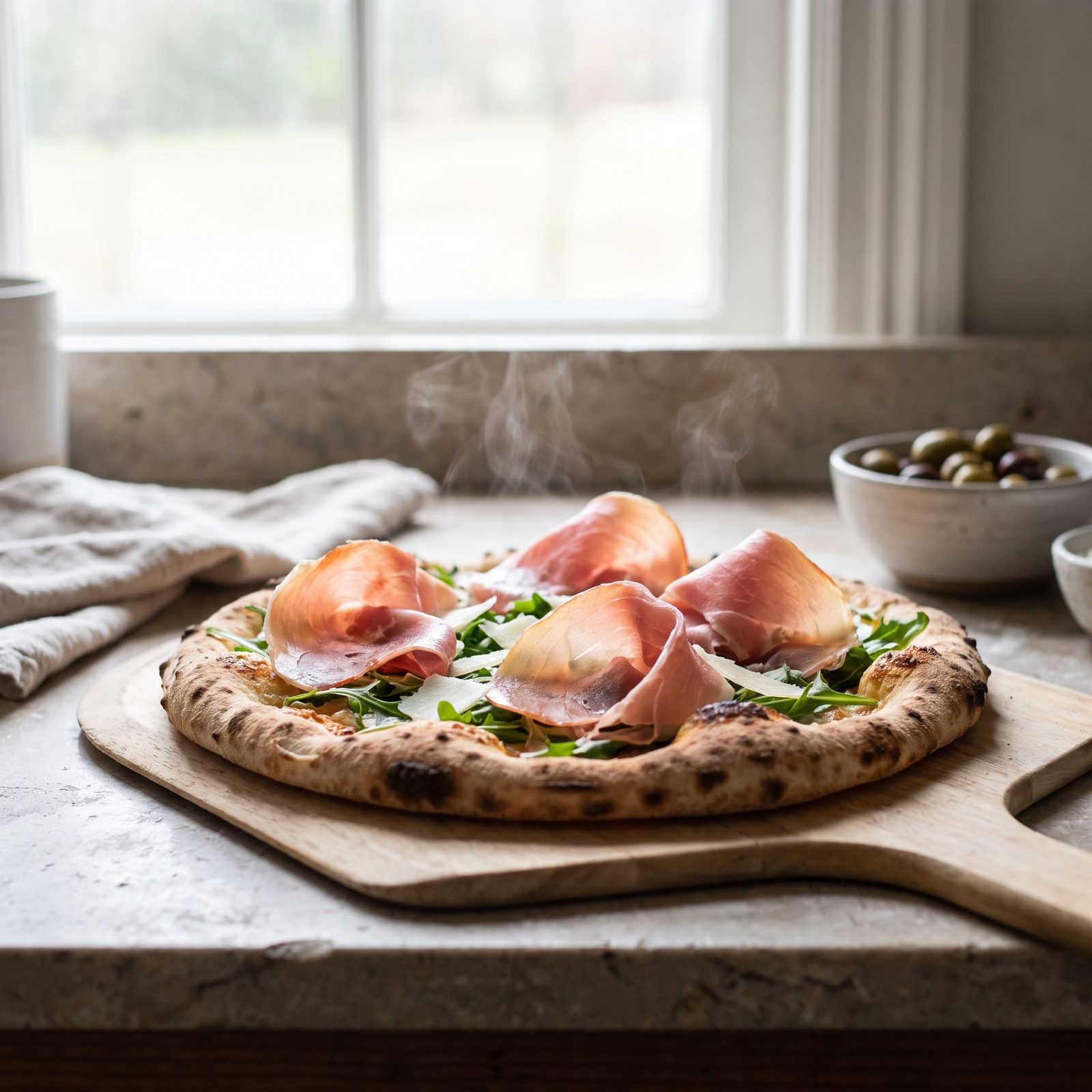 Prosciutto Pizza Dressed Only After It Leaves the Oven