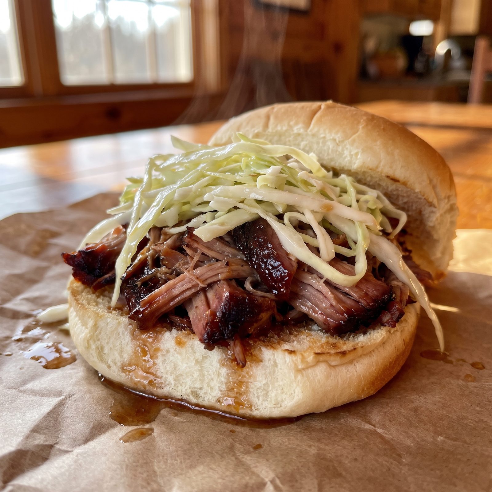 Pulled Pork and Vinegar Slaw on a Bun