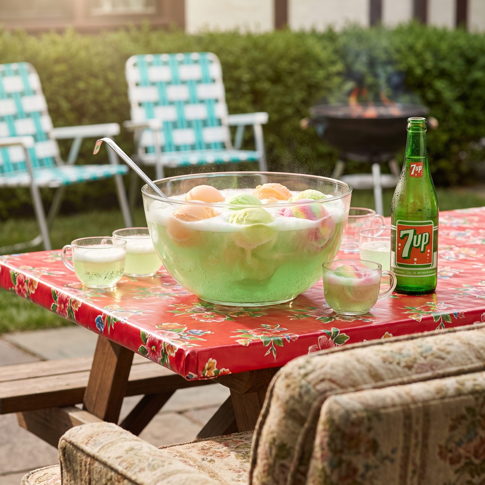 Rainbow Sherbet Melting Into a Bowl of 7UP Party Punch