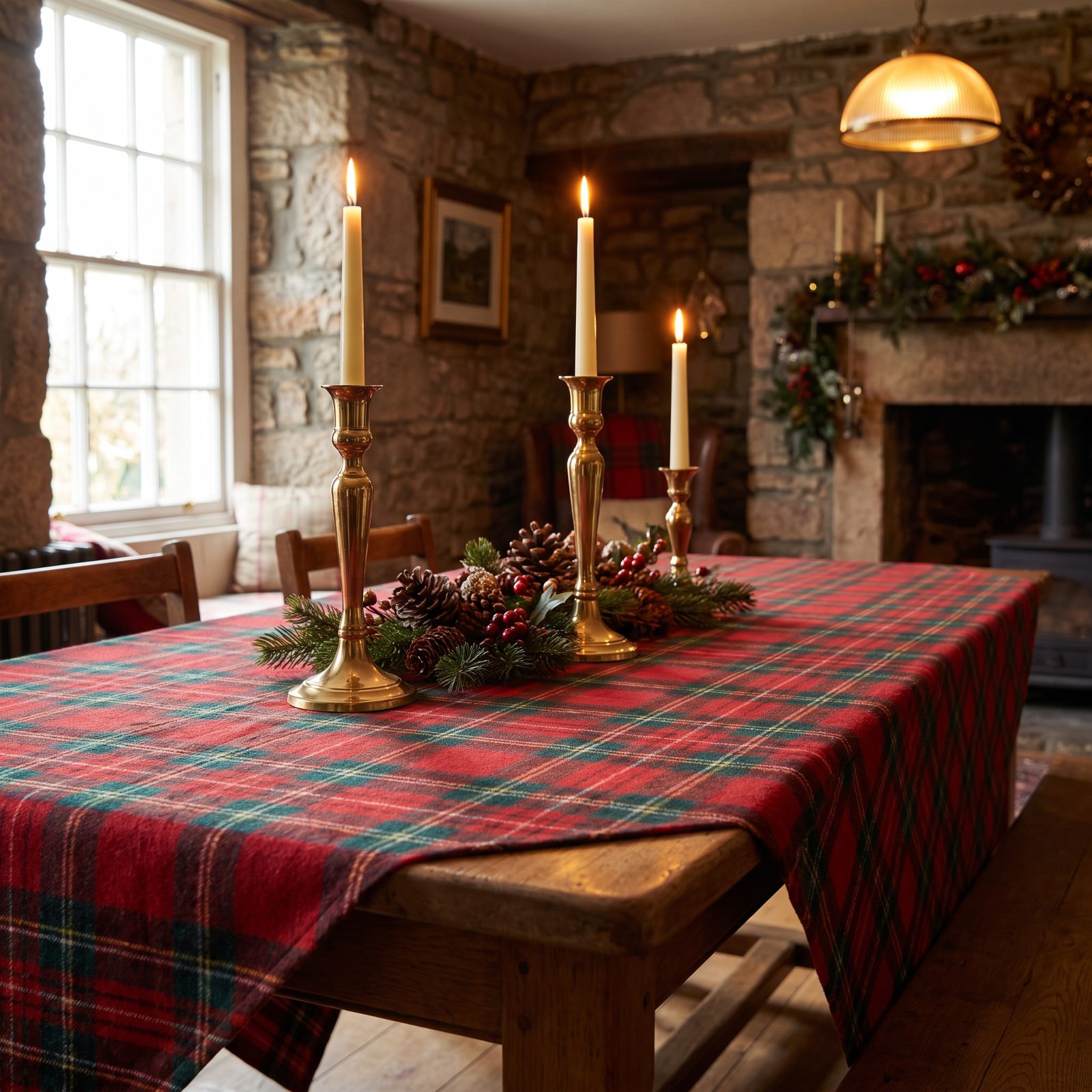 The Red Tartan Table With Brass Candlesticks
