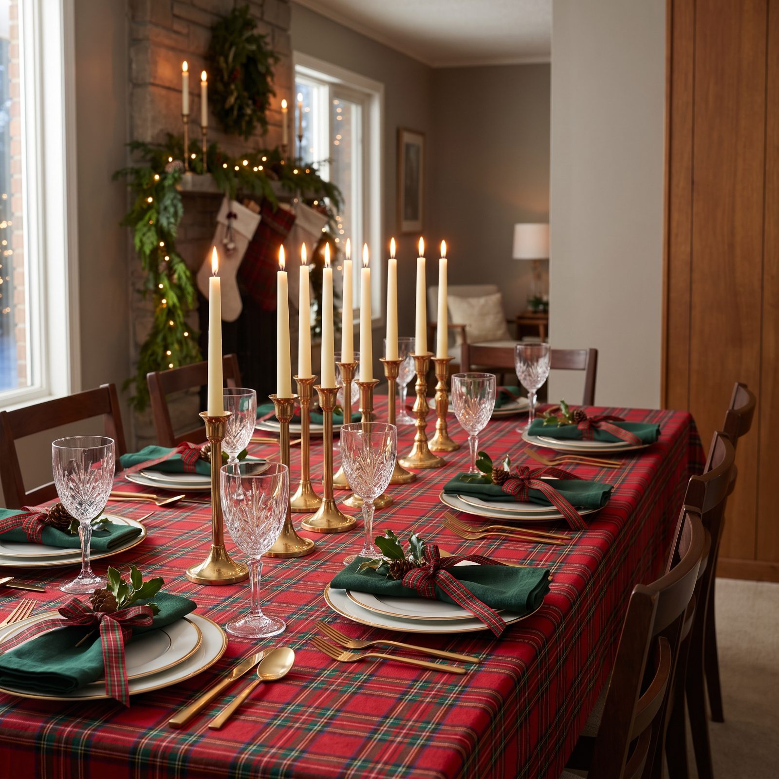 The Red Tartan Table With Brass Candlesticks