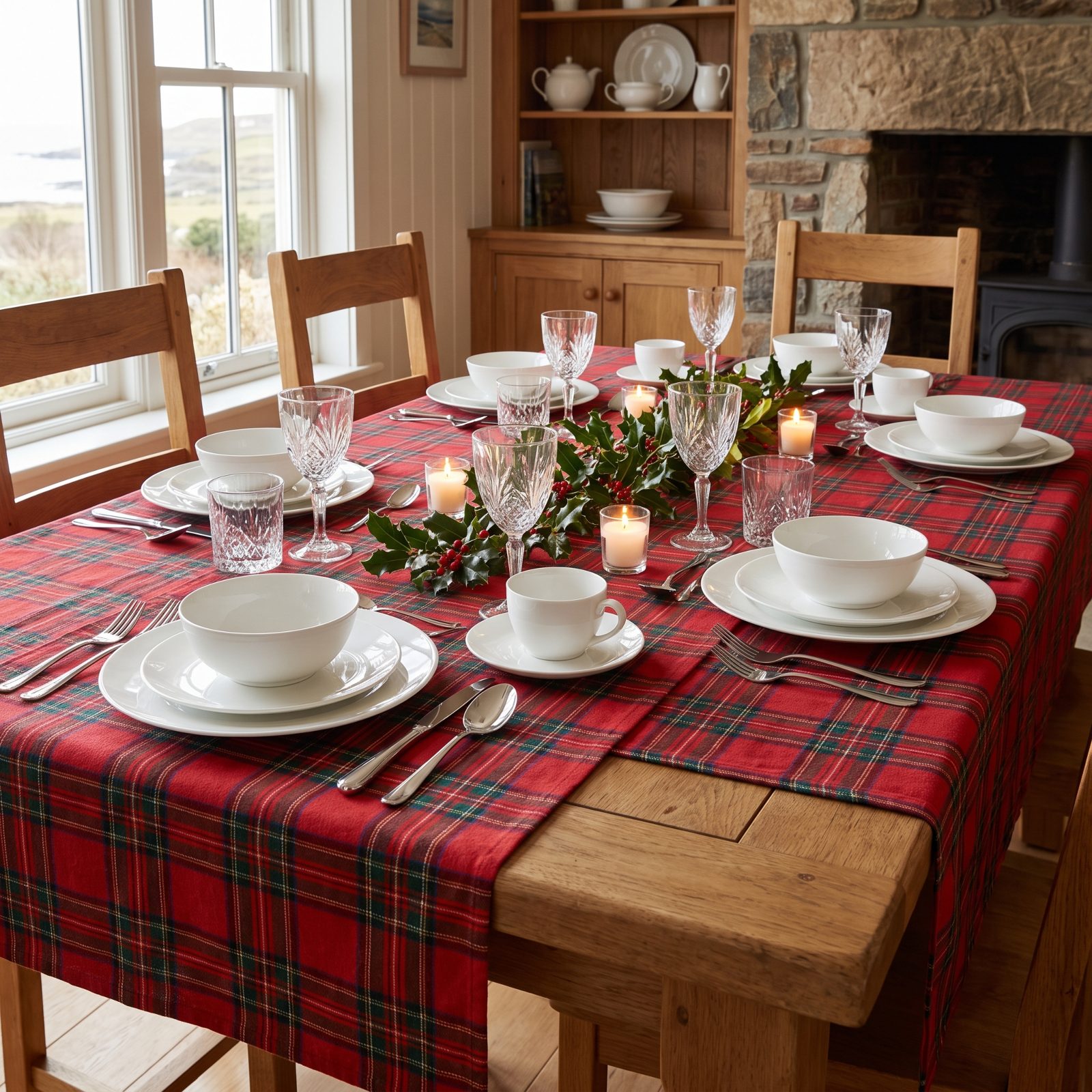 Red Tartan Tablecloth Under Plain White China
