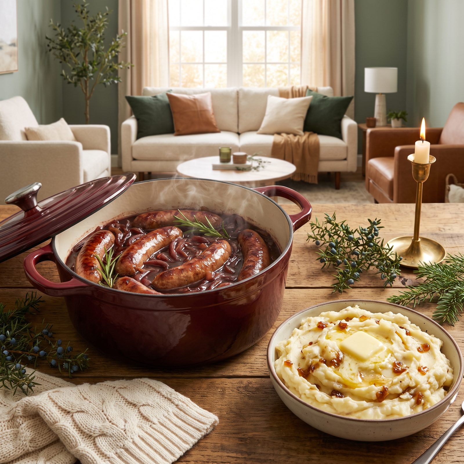 Red Wine-Braised Sausages With Onion Mash