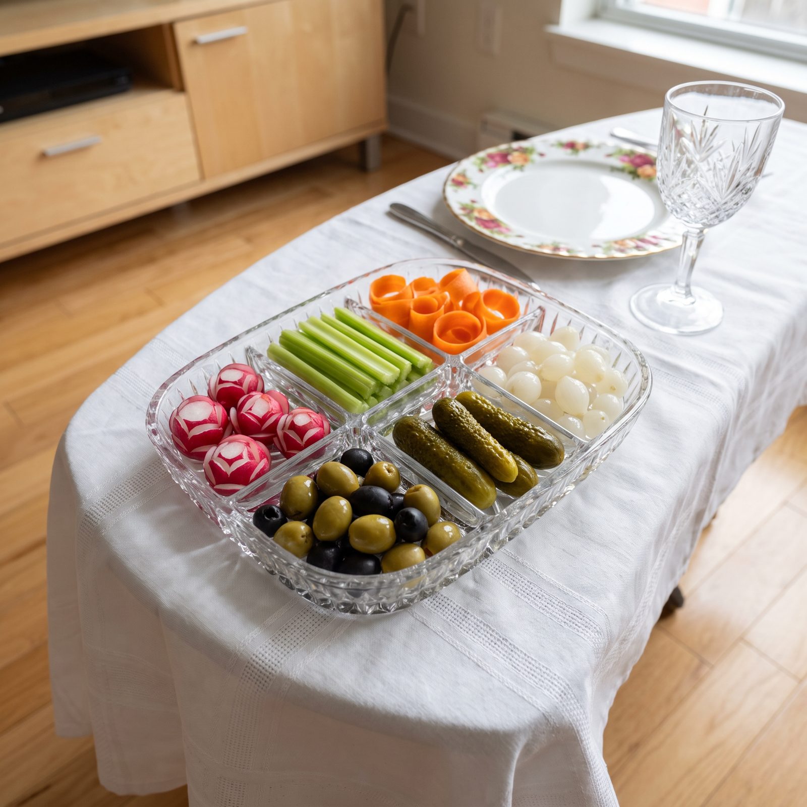 The Relish Tray Lined with Radishes, Olives and Sweet Pickles